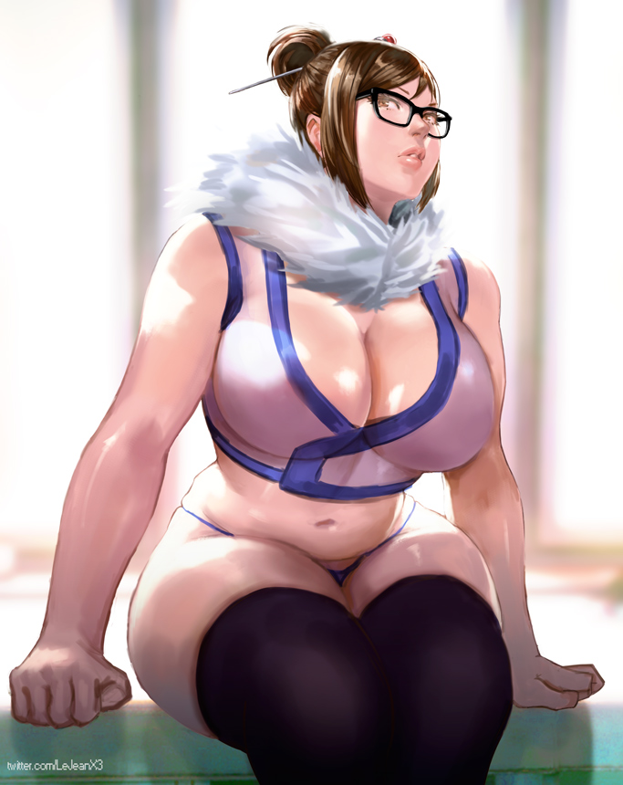 1girls ass belly big_belly big_breasts breasts brown_eyes brown_hair chubby cleavage clothed female female_only glasses huge_ass huge_breasts human kasai_x3 large_breasts lejeanx3 mei_(overwatch) midriff overwatch panties short_hair sitting solo text thick_thighs thighhighs url watermark wide_hips