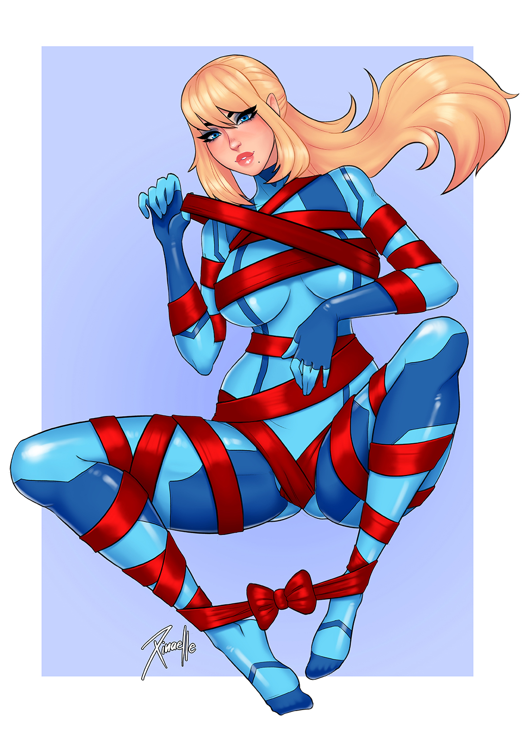 2019, blonde hair, blue eyes, bodysuit, breasts, female, female only, lipstick, looking at viewer, metroid, mole under mouth, nintendo, ponytail, samus aran, sidelocks, solo, spread legs, wrapped, xinaelle, zero suit, zero suit samus