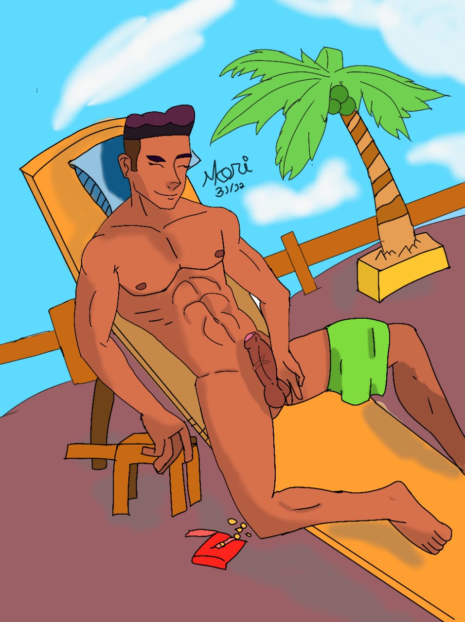 1boy abs archer bow_(she-ra) chaise_lounge dark-skinned_male effectively_nude erection eyes_closed holding_penis male_focus male_only partially_retracted_foreskin pecs penis she-ra_and_the_princesses_of_power solo solo_male spread_legs swimwear_around_one_leg veiny_penis