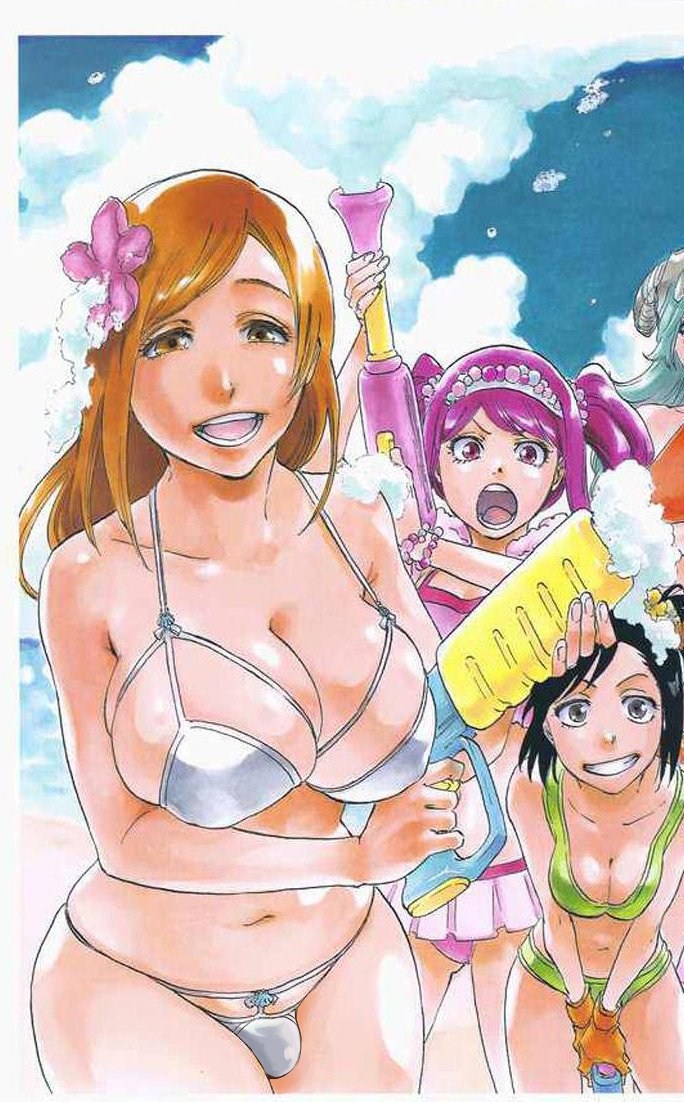 1futa 3girls areola areolae balls balls_in_panties big_breasts bikini bleach breasts breasts_out dokugamine_riruka edit erection female futanari hourglass_figure huge_breasts inoue_orihime intersex karin_kurosaki kurosaki_karin large_breasts nelliel_tu_odelschwanck nipples open_mouth penis sj_edits!! testicles unknown_artist voluptuous