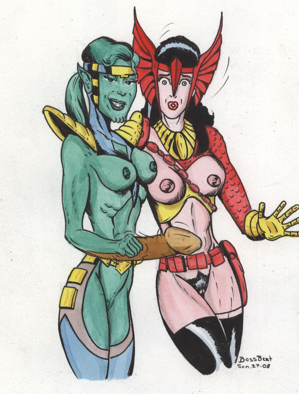 2008 2girls black_hair bossbeat breasts fantastic_force fantastic_four female female_only green-skinned_female green_hair green_skin hairy_pussy huntara light-skinned_female lyja marvel marvel_comics medium_breasts multiple_girls nipples pubic_hair skrull tagme