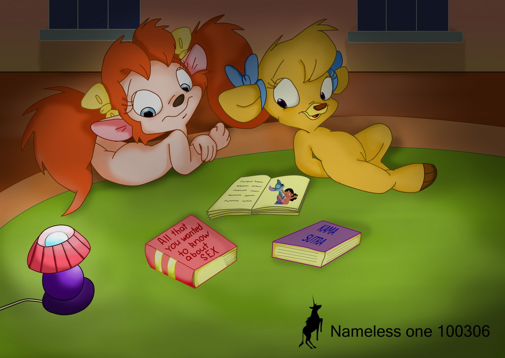 2girls anthro background_characters bear bow canine color crossover cub disney experiment_(species) female female_only fur furry goof_troop lilo_and_stitch lilo_pelekai molly_cunningham nameless_one_(artist) no_humans nude pistol_pete pussy stitch talespin toony young