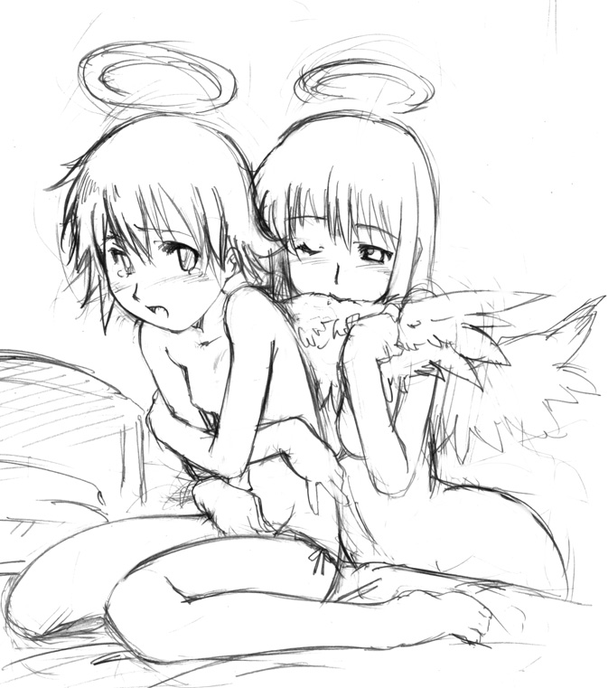 2girls barefoot bite biting female haibane_renmei monochrome multiple_girls panties rakka reki side-tie_panties sketch underwear wingjob wings yuri