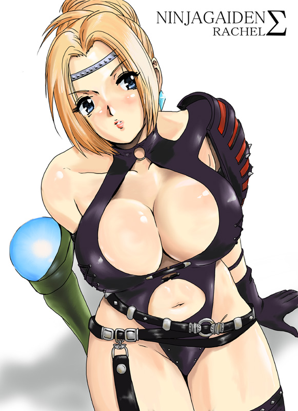 1girls armpits bandana belt blonde_hair blue_eyes blush breasts choker cleavage cleavage_cutout dead_or_alive earrings elbow_gloves garter_belt gloves headband high_heels huge_breasts jewelry kunoichi large_breasts latex leather leather_armor leather_straps midriff navel ninja_gaiden rachel_(ninja_gaiden) shiny shiny_clothes shoes short_hair sitting spaulders studded_leather tecmo thighhighs thighs weapon