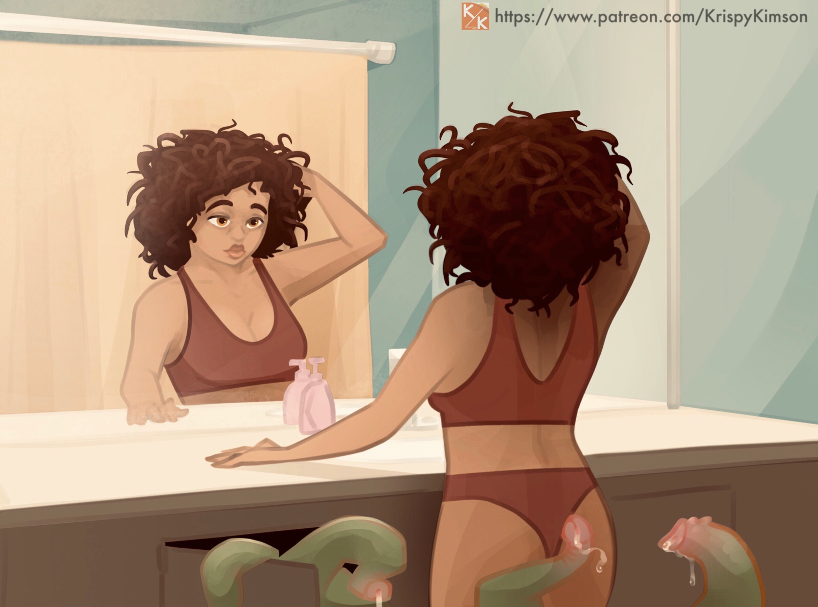 ass, bathroom, bra, brown eyes, brown hair, cleavage, cum, dark skin, dark-skinned female, female, green tentacles, imminent rape, krispy kimson, male, mirror, panties, penis, penis tentacles, solo, tentacle, thick, unaware
