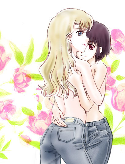 black_hair blonde_hair blue_eyes breast_press breasts brown_hair female hug jeans long_hair mireille_bouquet multiple_girls noir_(anime) red_eyes short_hair smile symmetrical_docking topless white_background yuri yuumura_kirika