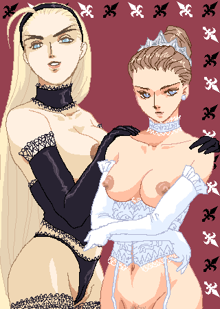 2girls artist_request blonde_hair blue_eyes breasts bride brown_hair dorothy_catalonia duo female gloves gundam gundam_wing human large_breasts light-skinned_female light_skin long_hair multiple_girls nipples relena_peacecraft tied_hair