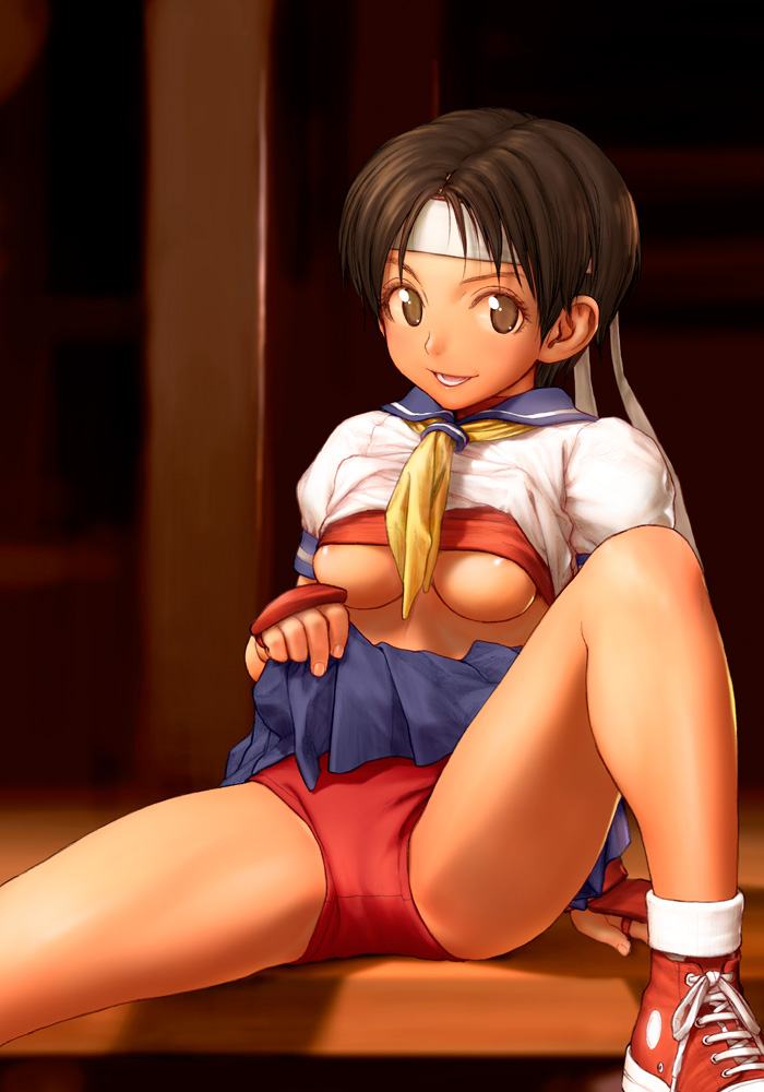 areola areolae breasts brown_eyes brown_hair buruma capcom female female_only fingerless_gloves fist footwear gloves headband highres human legs lips midriff miniskirt neckerchief necktie nipples panties pantyshot pleated_skirt pointy_chin rustle sailor_crest sakura_kasugano school_uniform serafuku shirt shirt_lift shoes short_hair sitting skirt skirt_lift smile sneakers socks solo spread_legs straight_hair street_fighter street_fighter_alpha street_fighter_alpha_2 teeth thighs underboob underwear upshirt upskirt