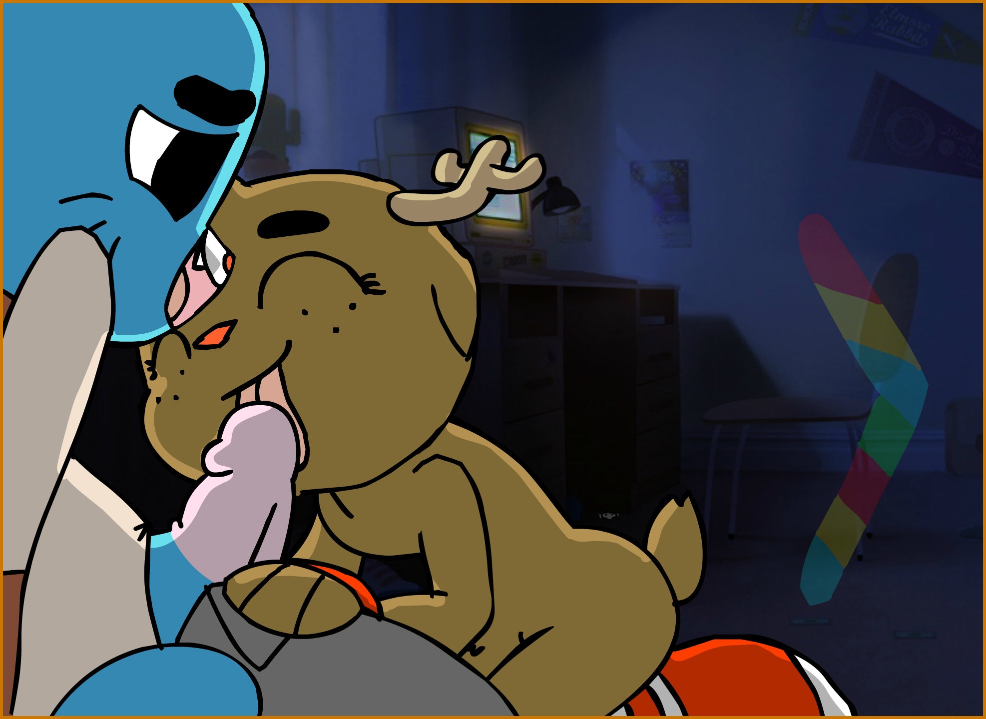 1boy, 1girls, cartoon network, cat, deer, feline, fellatio, female, genitals, gumball watterson, licking, male, nude, nudity, oral, oral sex, penis, penis lick, penny fitzgerald, penny fitzgerald (before canon real form), slyredfox, straight, the amazing world of gumball, tongue, tongue out, uncensored
