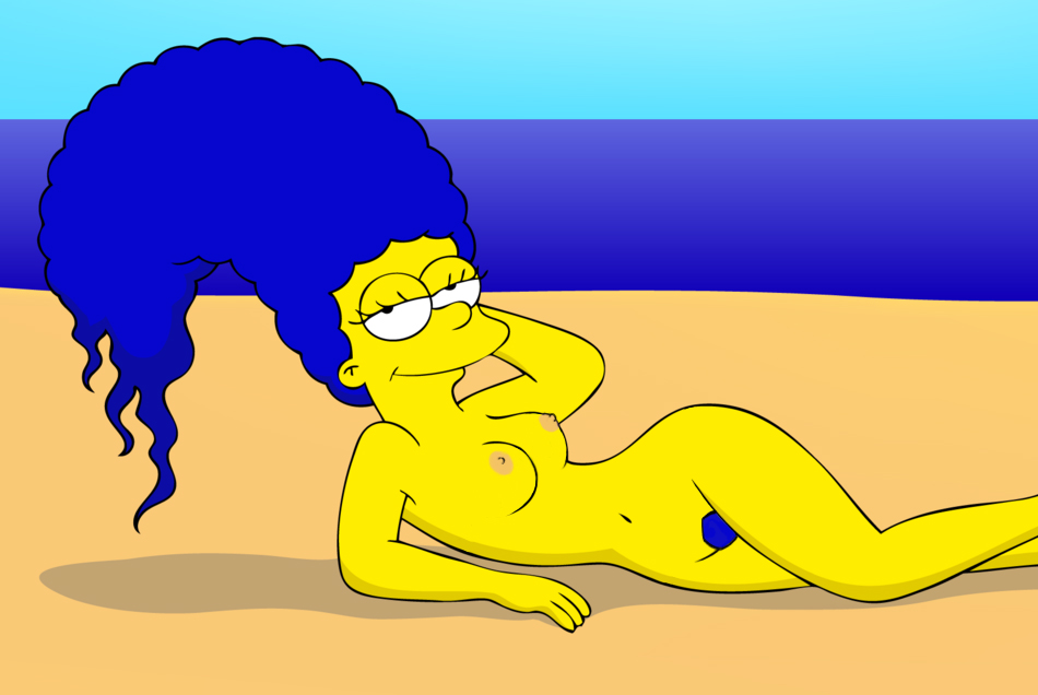 beach blue_hair breasts closed_mouth color curly_hair ears exposed_breasts eyes female female_only hair human long_hair looking_at_viewer lying marge_simpson mouth nudity on_side open_eyes outdoors pose posing pubic_hair round_ears skin solo the_simpsons yellow_skin