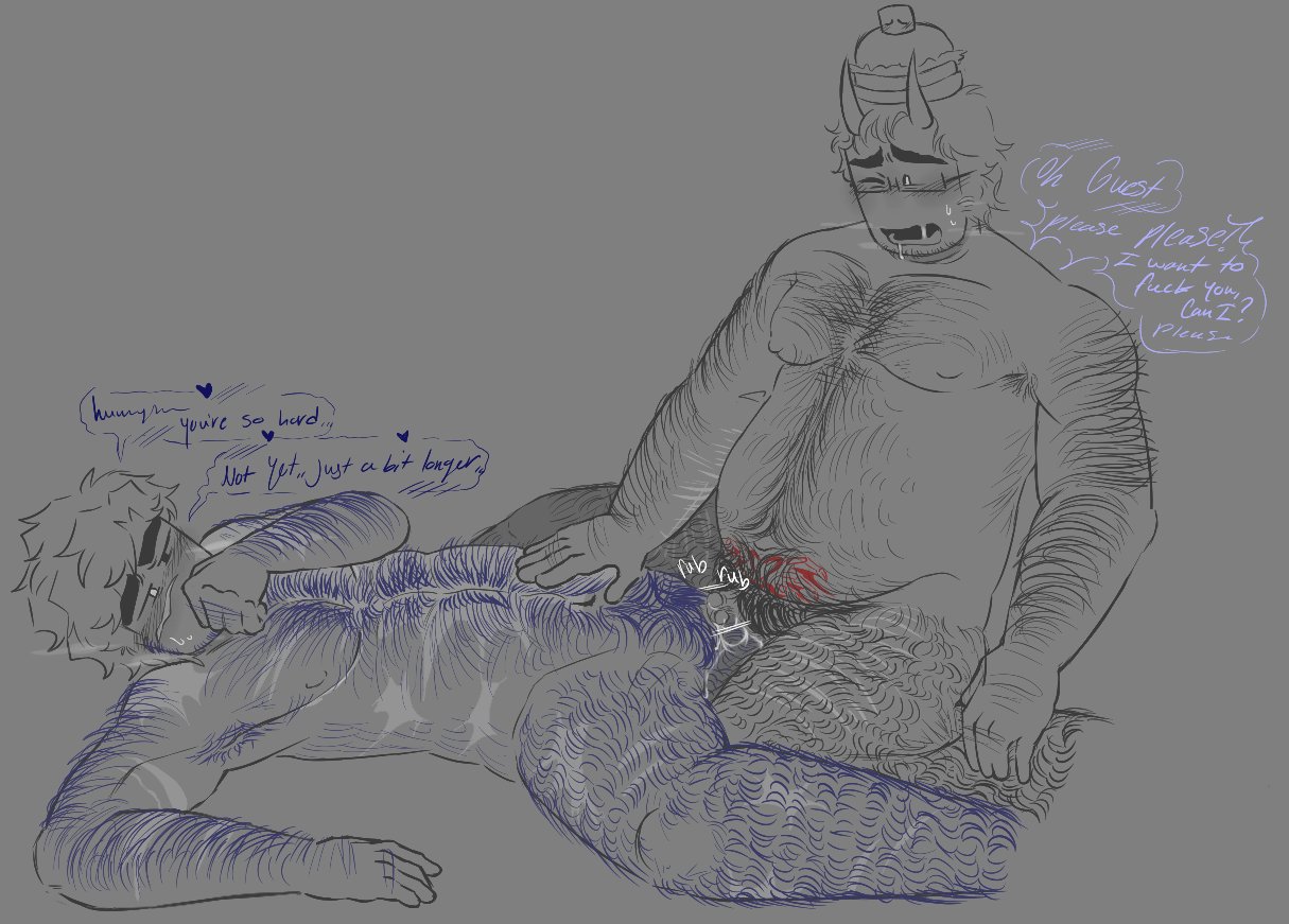 007n7 (forsaken), blue hair, body hair, dialogue, drooling, fat male, forsaken (roblox), frottage, glasses, guest 1337 (forsaken), horns, male, pussy, roblox, roblox game, robloxian, scars, scars all over, silly ensue, sweatdrop, tagme