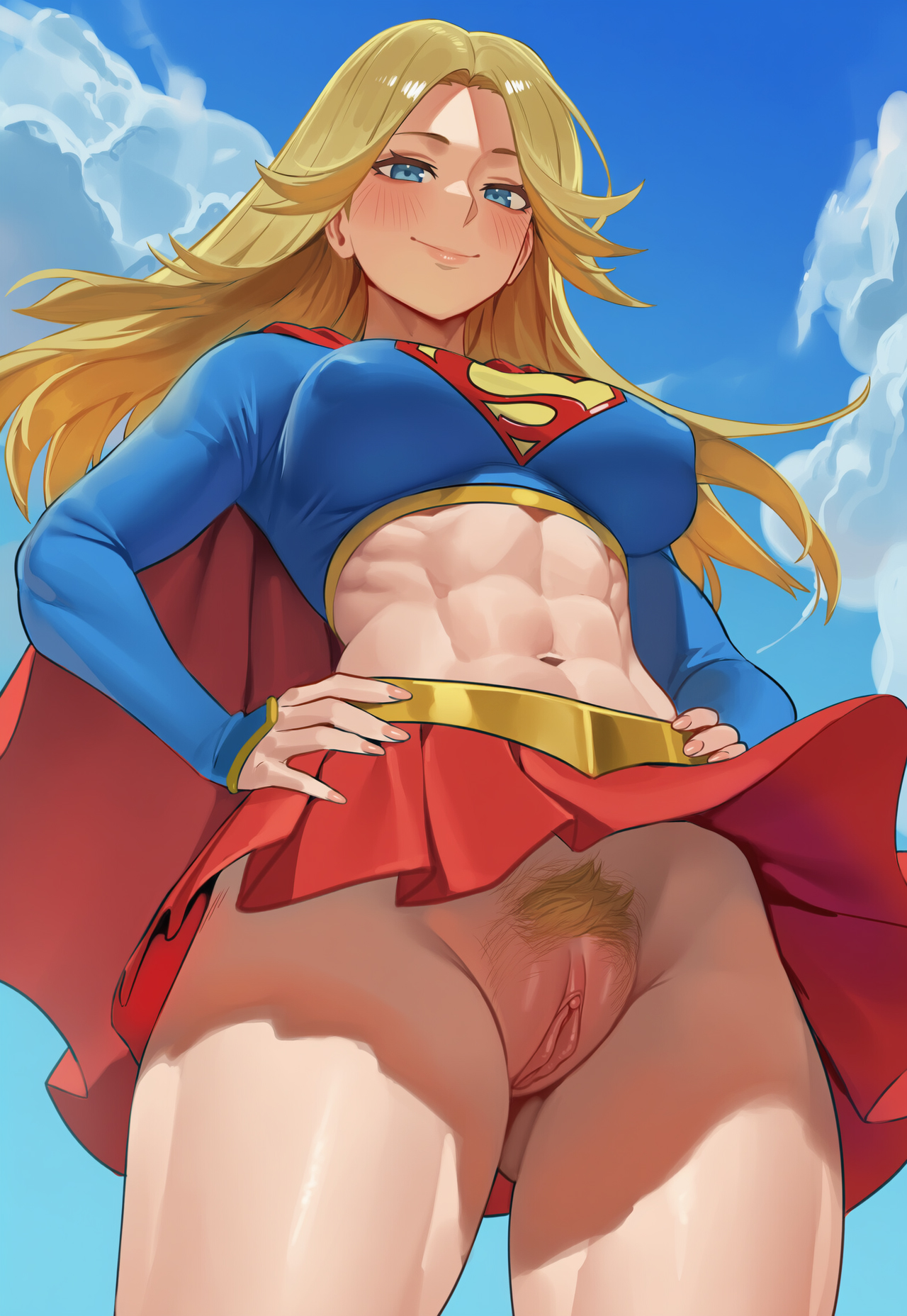 abs, ai generated, athletic, athletic female, bare midriff, blonde hair, blue eyes, breasts, busty, clitoris, crop top, dc, dc comics, erect nipples, female, female focus, female only, going commando, hourglass figure, jagat ai, labia, long hair, low-angle view, navel, nipple bulge, nipples, no panties, pubes, pubic hair, pussy, supergirl, superman (series), tagme, toned, toned female, upskirt, vagina, viewed from below, wide hips