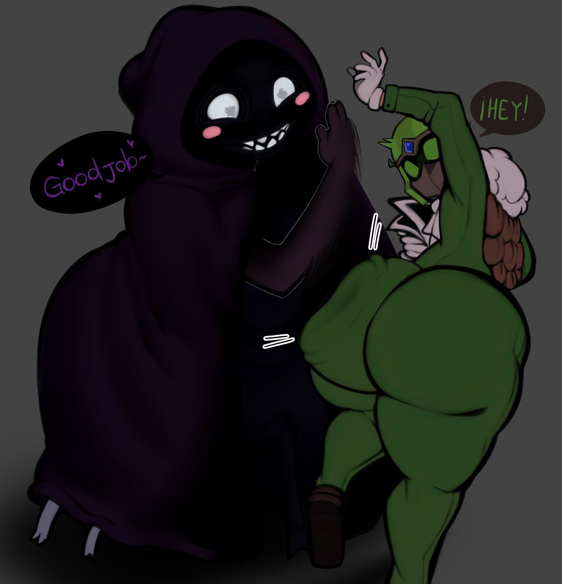 2boys, 2femboys, alduinafterdark, alduingijinka, ass, ass slap, ass smack, big ass, big ass (male), big butt, blush, blushing male, bottom heavy, bottom heavy male, bum b. licious, cloak, dio kinkz, femboy, green eyes, helmet, huge ass, huge butt, look outside, lyle (look outside), male, male only, male/male, wide hips