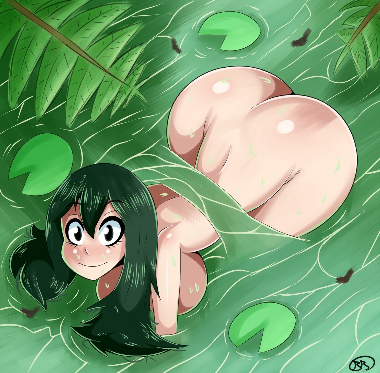 1girls, ass, ass focus, big ass, big breasts, big butt, bmayneart, breasts, bubble ass, bubble butt, busty, butt focus, female, female only, green hair, green-haired female, huge breasts, looking at viewer, my hero academia, nude, teenager, thick ass, tsuyu asui, water