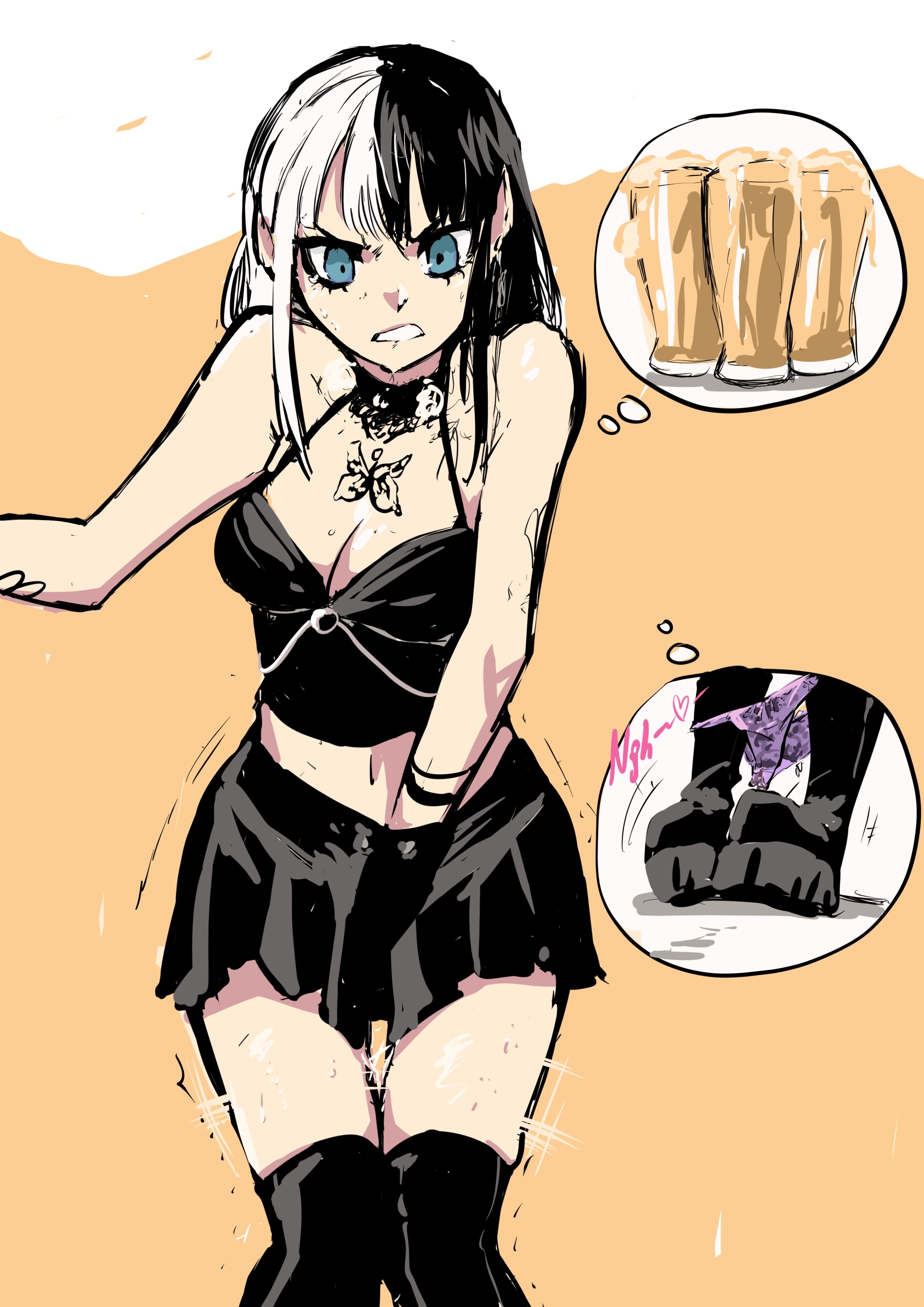 1girls, bare shoulders, biku, black boots, black skirt, black thighhighs, boots, breasts, cleavage, clenched teeth, female, hand in own skirt, hand in skirt, hand under clothes, have to pee, large breasts, original, original character, panties, panty pull, panty tag, purple panties, tag, tattoo, thighhighs, thought bubble, two-tone hair, zettai ryouiki