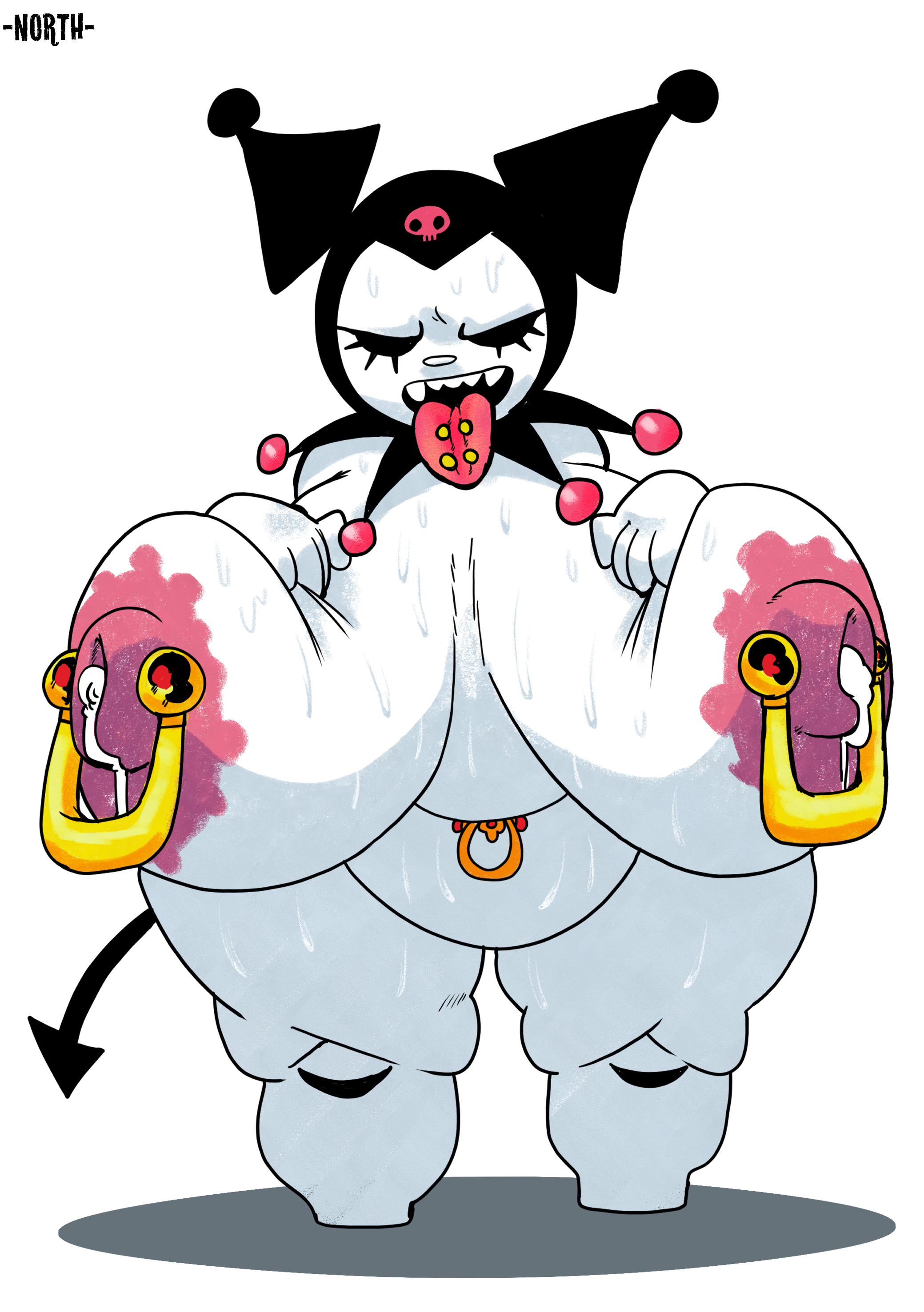 1girls, artist signature, belly button piercing, big boobs, big breasts, boobs, breast milk, breast milking, breasts, chubby, demon, demon girl, demon tail, earrings, ears, female, furry, huge boobs, huge breasts, jester hat, kuromi, milk, milking, milking breasts, nipple piercing, nipples, north star 500, onegai my melody, pointed tail, sanrio, sharp teeth, shortstack, simple background, sweat, sweatdrop, sweating, tongue piercing, white body