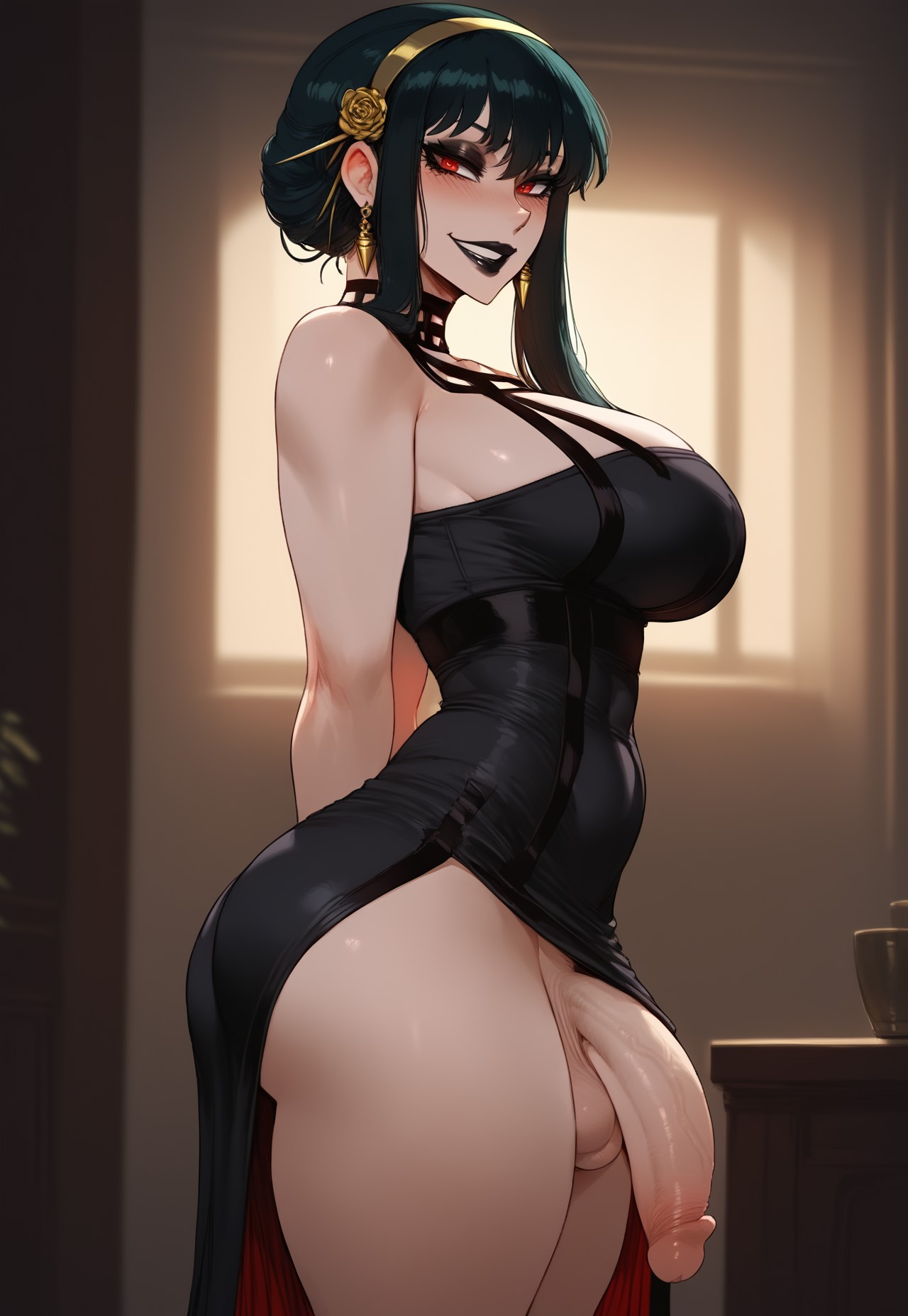 1futa, ai generated, ass, balls, big ass, big breasts, big butt, big hips, big penis, black hair, black lip, black lips, black lipstick, breasts, cleavage, clothed, clothing, dick, dickgirl, eyebrows, eyelashes, female, futa only, futanari, goth, goth futa, goth girl, gothic, gothic girl, grin, grinning, grinning at viewer, hair, hands-free, huge cock, indoors, intersex, lips, long hair, looking at viewer, makeup, mature, mature female, mature futa, naked, narrow waist, narrowed eyes, nose, nude, penis, red eyes, sadistic, sadistic female, seducing, seductive, seductive eyes, seductive gaze, seductive look, seductive mouth, seductive pose, seductive smile, smile, smile at viewer, smiley face, smooth balls, smooth penis, smooth skin, solo, solo dickgirl, solo focus, solo futa, spy x family, testicles, tied hair, velarin, yor briar, yor forger