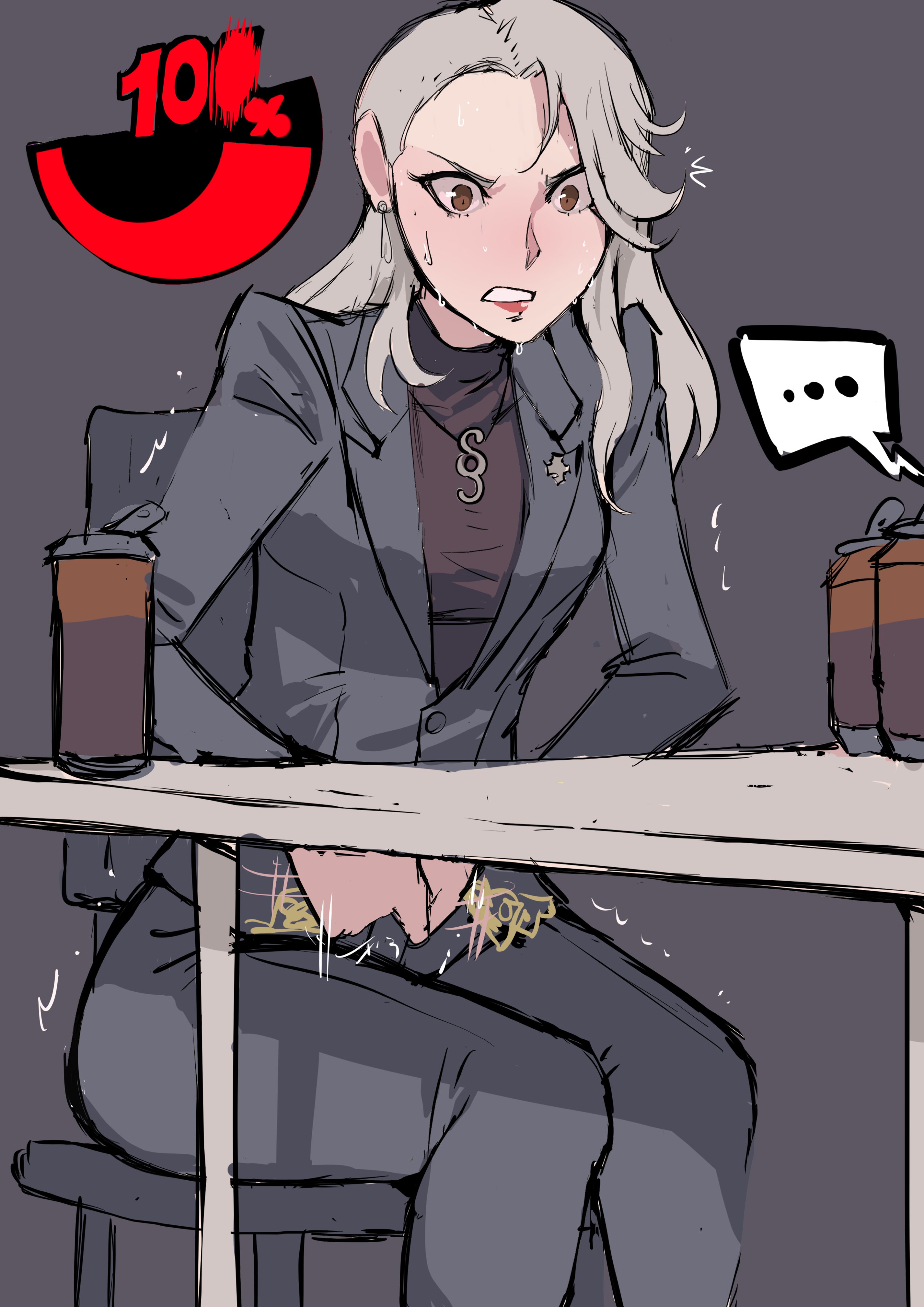 ..., 1girls, about to pee, ass, biku, blush, breasts, brown eyes, business woman, clenched teeth, earrings, female, have to pee, long hair, necklace, pants, persona, persona 5, persona 5 royal, sae niijima, silver hair, sitting, sitting on chair, sweat, urine meter