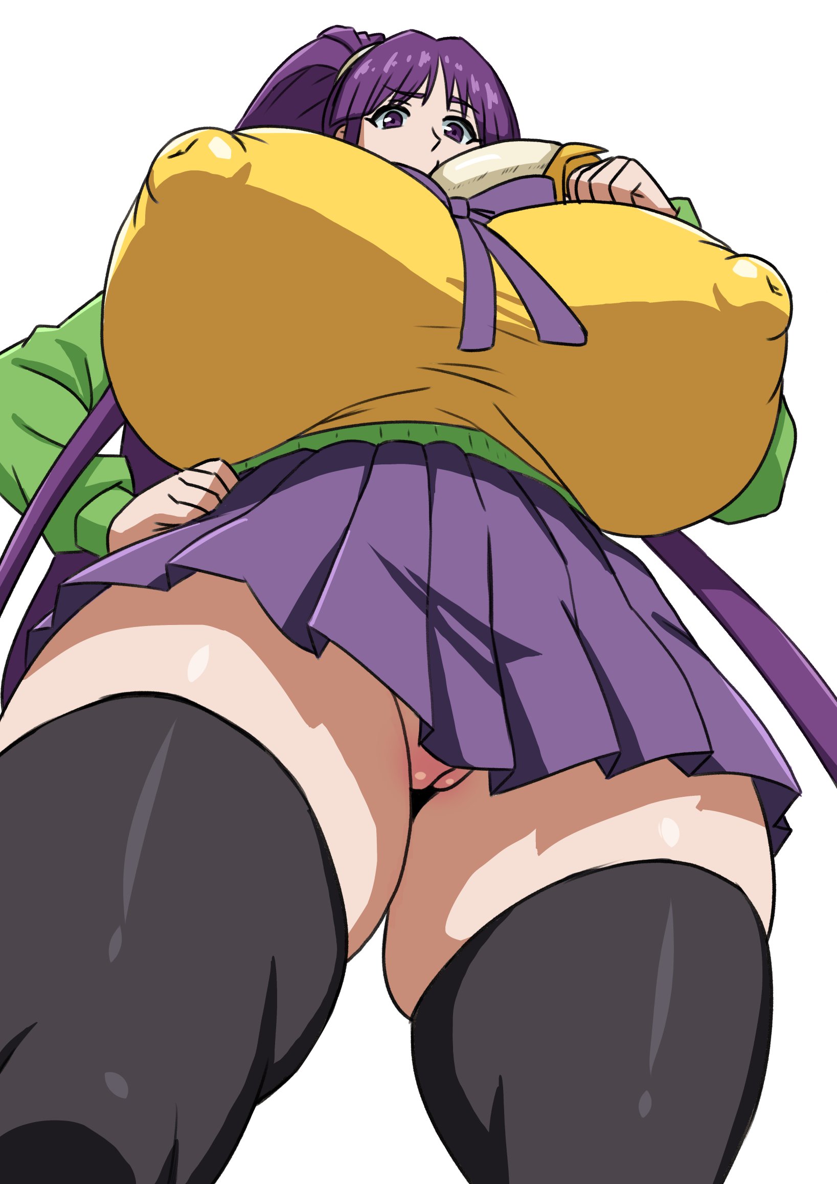 1girls, banana, below view, big breasts, breasts, breasts bigger than head, duo kawa, eiken, female, female focus, female only, huge breasts, kirika misono, looking at viewer, looking down, nipple bulge, nipples visible through clothing, no panties, purple hair, pussy, thick thighs, upskirt, white background