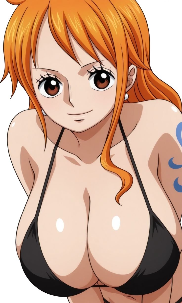 ai generated, arm tattoo, big breasts, black swimsuit, blue tattoo, female, female only, nami (one piece), one piece, orange hair, orange-haired female, tattoo