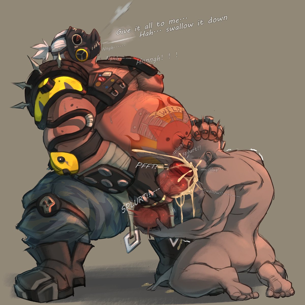 2boys, blowjob, chubby, cum, cum in mouth, cumming, fat, fat belly, fat male, fellatio, gay, grabbing head, hand on head, kazhijun, male, male only, obese, obese male, oral, overwatch, overweight, overweight male, penis, roadhog, sucking, sucking penis, tattoo, tattoo on belly, white hair