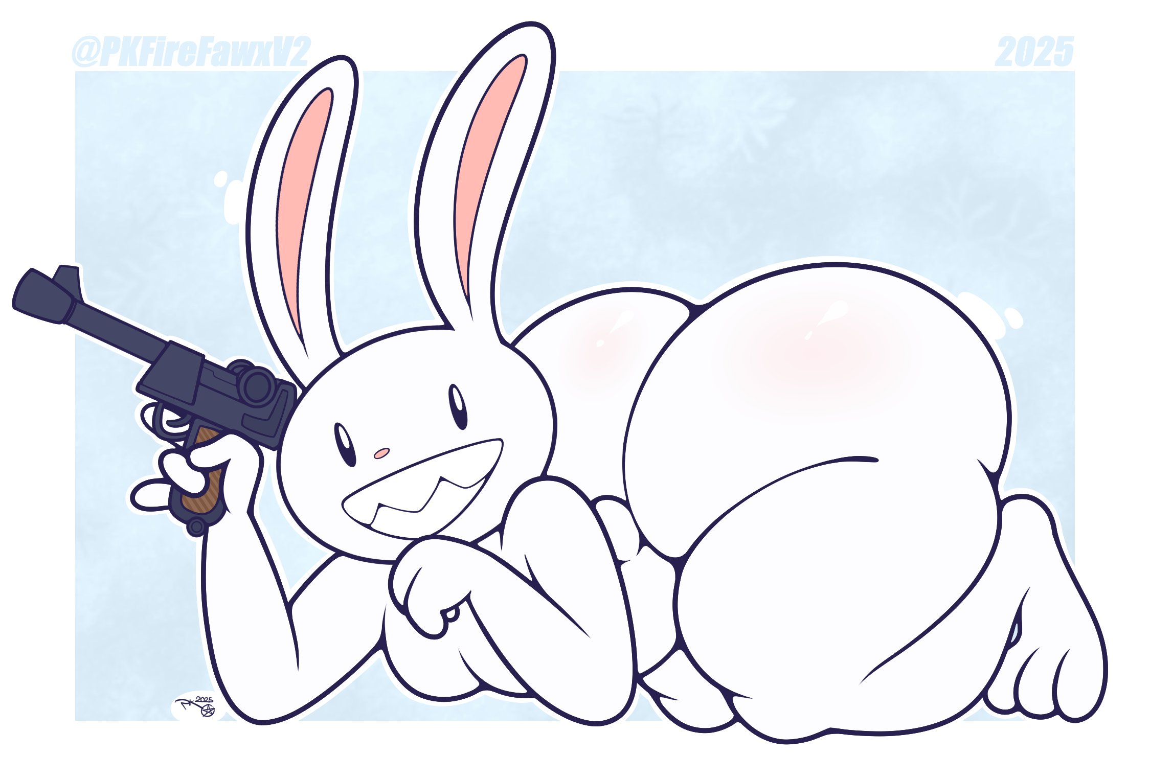 1boy, anthro, ass up, bunny ears, femboy, gay, gun, huge ass, lagomorph, looking at viewer, max (sam and max), pkfirefawx, presenting, presenting hindquarters, sam and max, smiling, smiling at viewer, solo, solo male, tail, thick thighs
