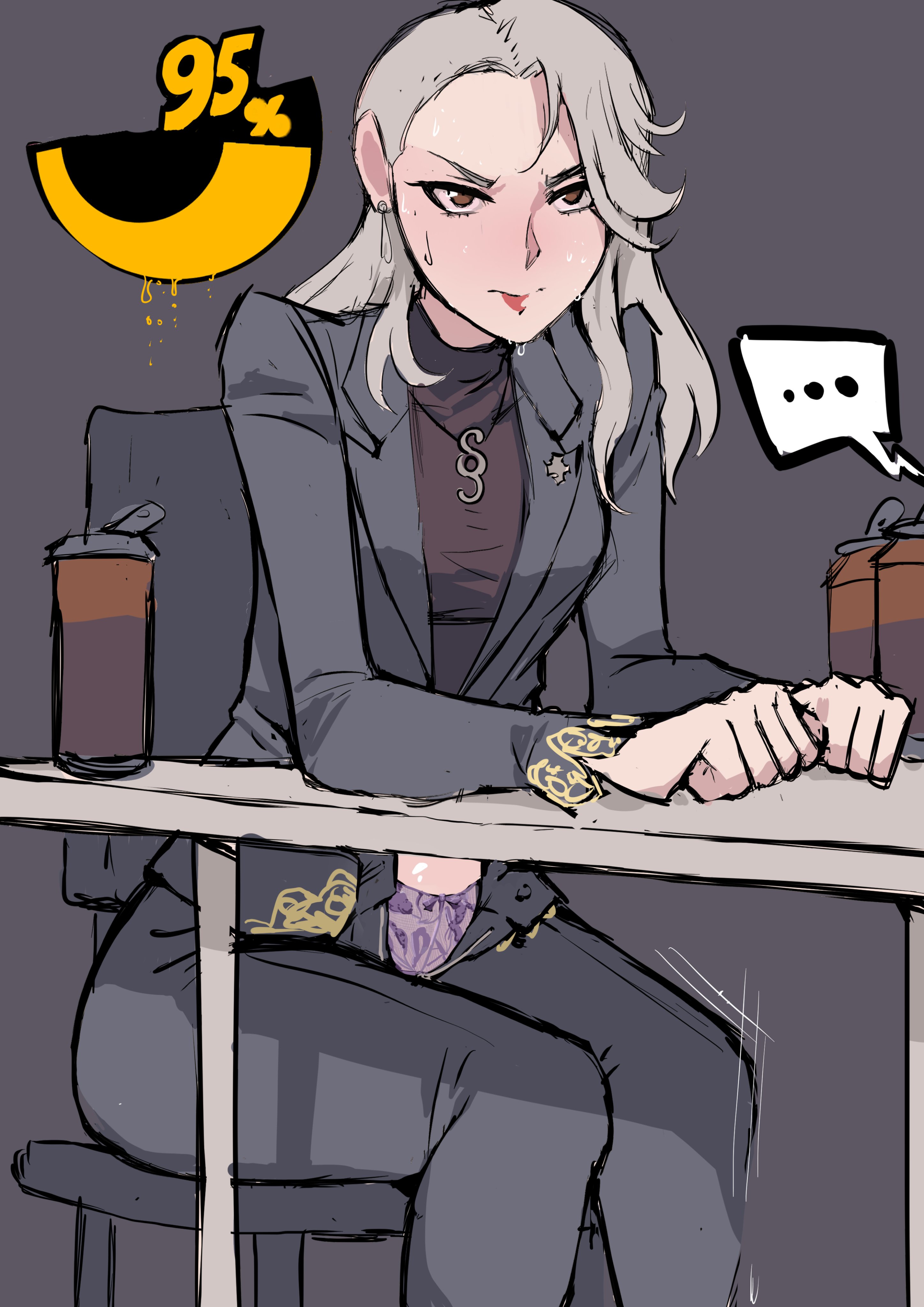 ..., 1girls, ass, biku, bladder bulge, blush, bow, bow panties, breasts, brown eyes, business woman, clenched teeth, earrings, female, have to pee, leaking urine, long hair, necklace, open fly, panties, pants, panty peek, persona, persona 5, persona 5 royal, purple panties, sae niijima, silver hair, sitting, sitting on chair, sweat, underwear, urine meter