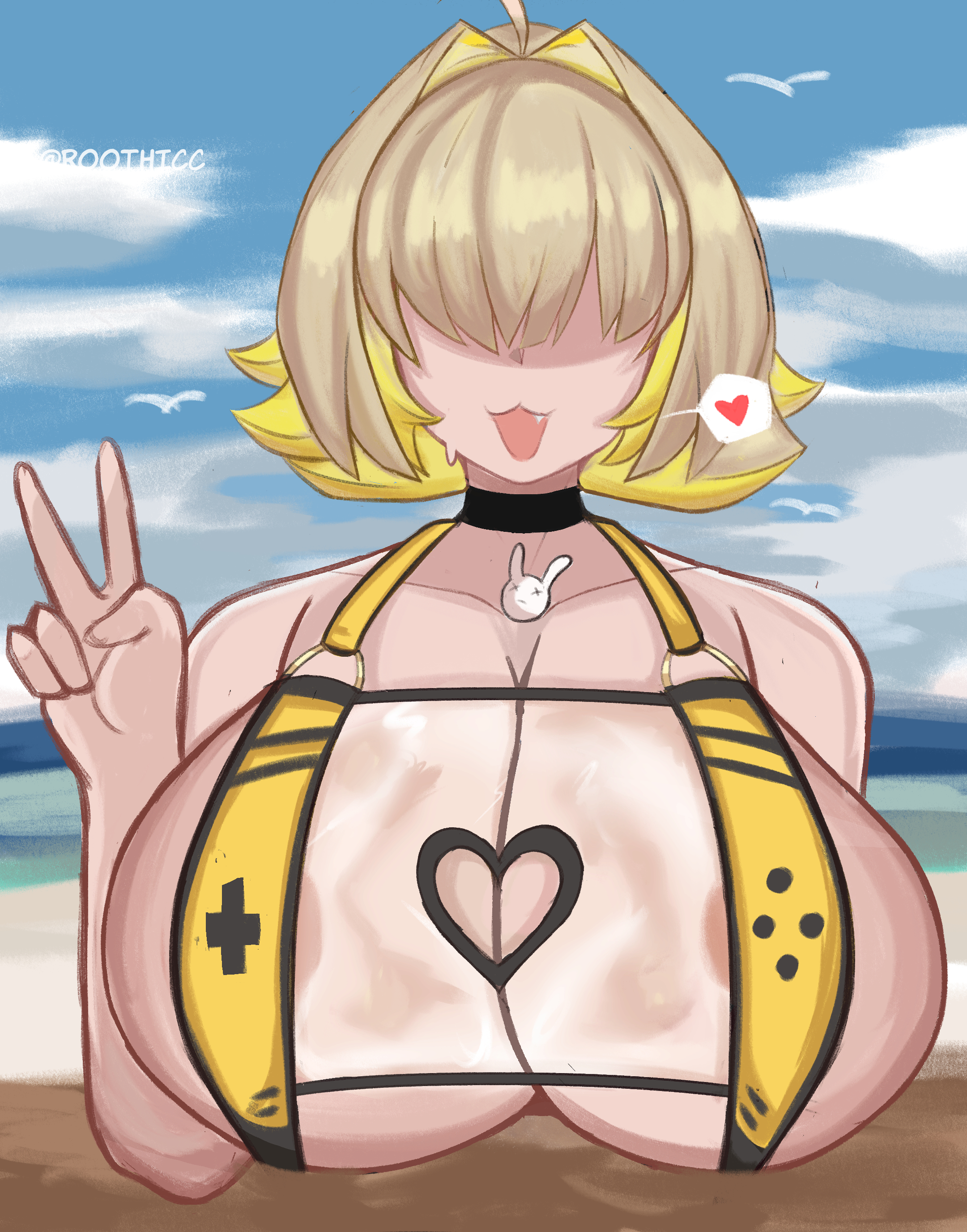 ass, beach, big ass, big breasts, big butt, big nipples, breasts, elegg (boom and shock) (nikke), elegg (nikke), female, goddess of victory: nikke, peace sign, roothicc, tits out