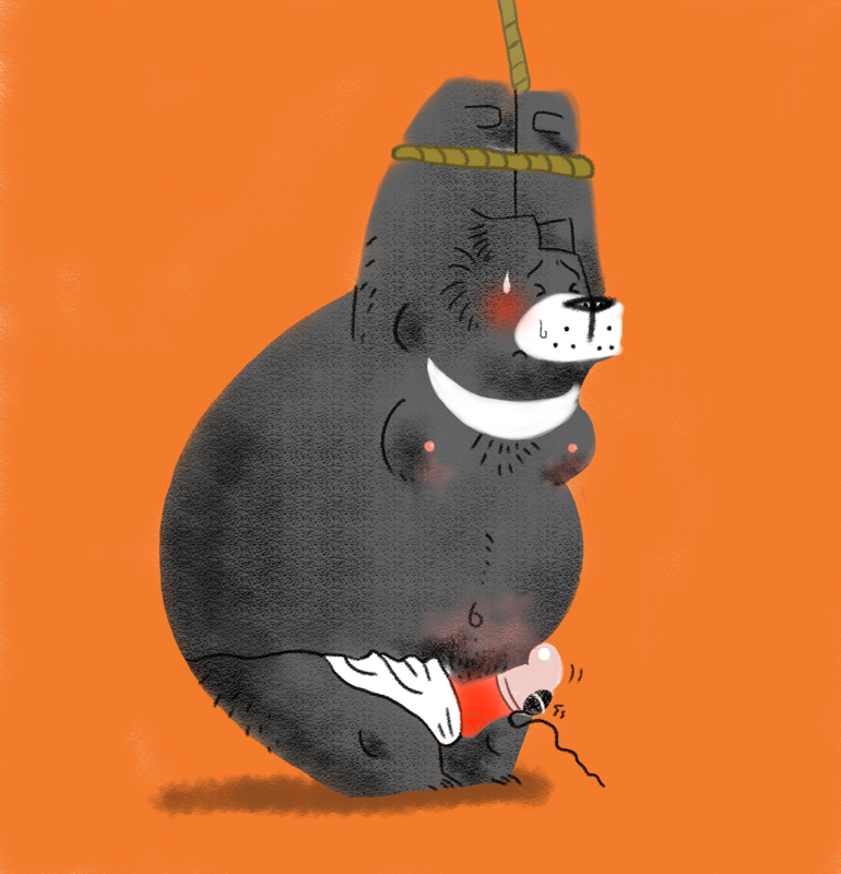 2015 anthro belly black_bear black_fur black_nose blush bound closed_eyes clothing erection fundoshi fur japanese_clothing male male_only mammal moobs moon_bear navel nipples overweight overweight_male penis sex_toy solo toukurou underwear ursine