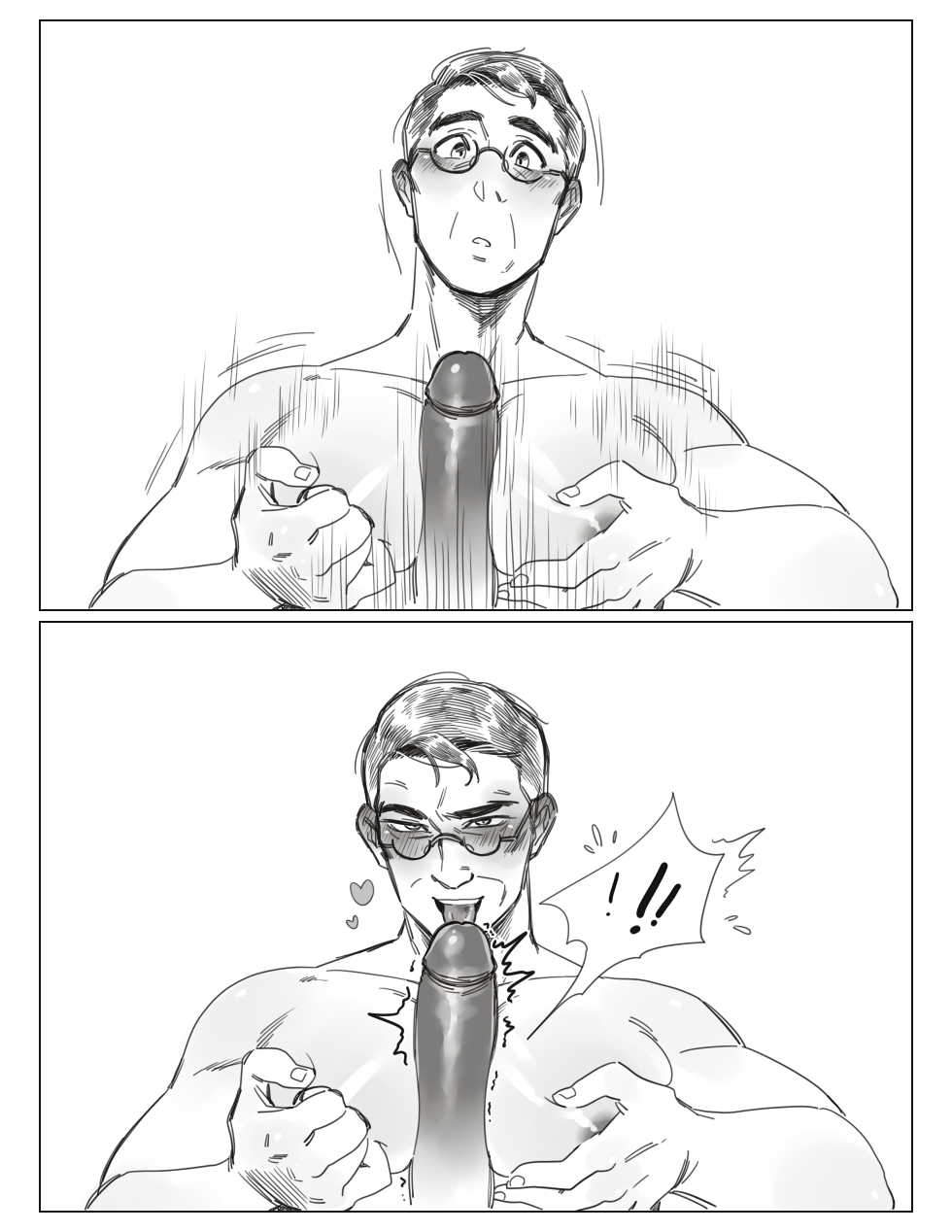 2boys adorable adorable_face baakse blush chest cute cute_expression cute_eyes cute_face cute_male doctor_sex glasses licking licking_penis male male_only medic medic_(team_fortress_2) monochrome outercourse paizuri pecjob pecs pectorals team_fortress_2 yaoi