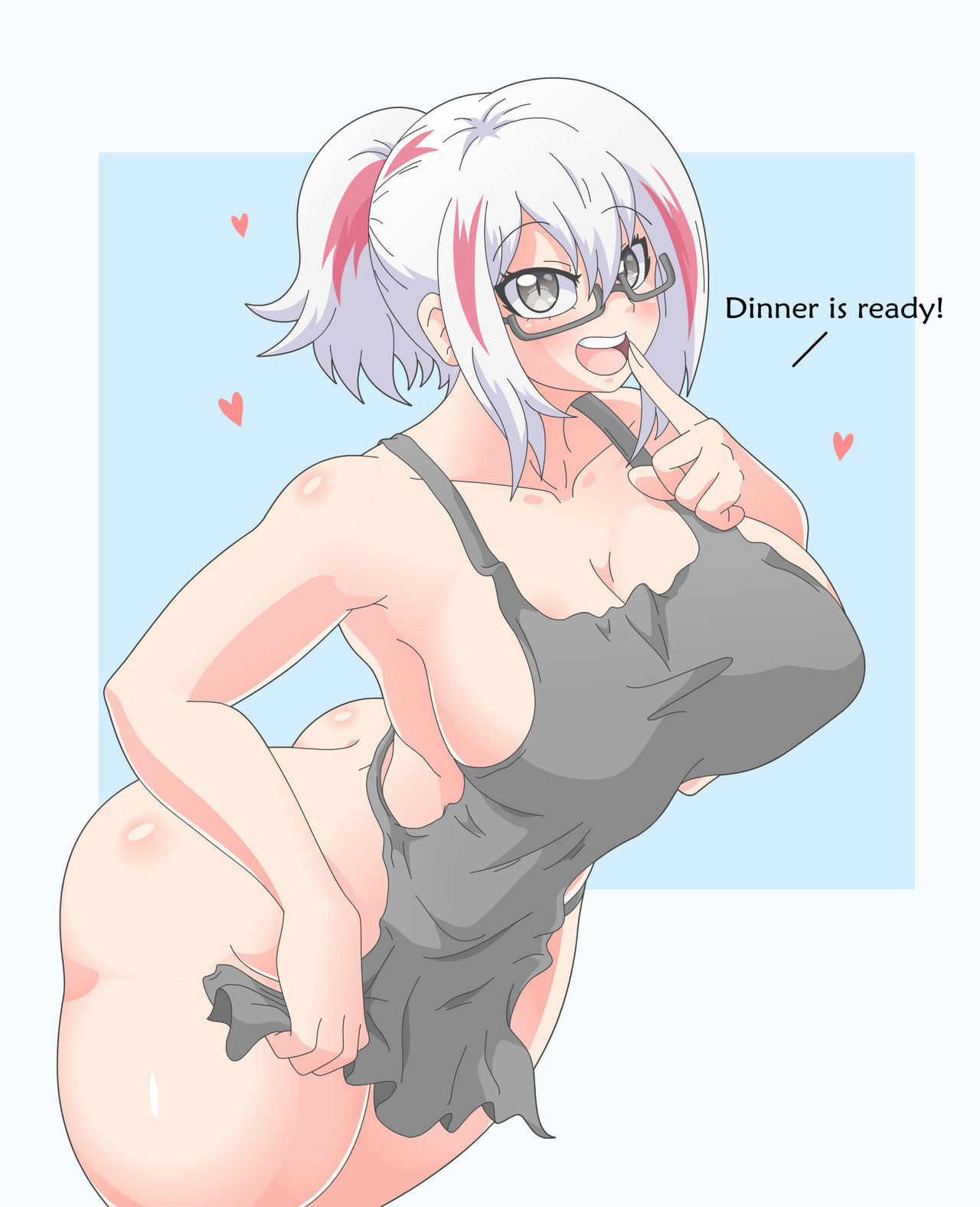 1girls, apron, apron only, ass, big ass, boku no hero academia, chrissursilversoul, fuyumi todoroki, grey eyes, heart, hearts around body, huge ass, multicolored hair, my hero academia, nipple bulge, nipples, simple background, two tone hair, voluptuous, white hair, white-haired female