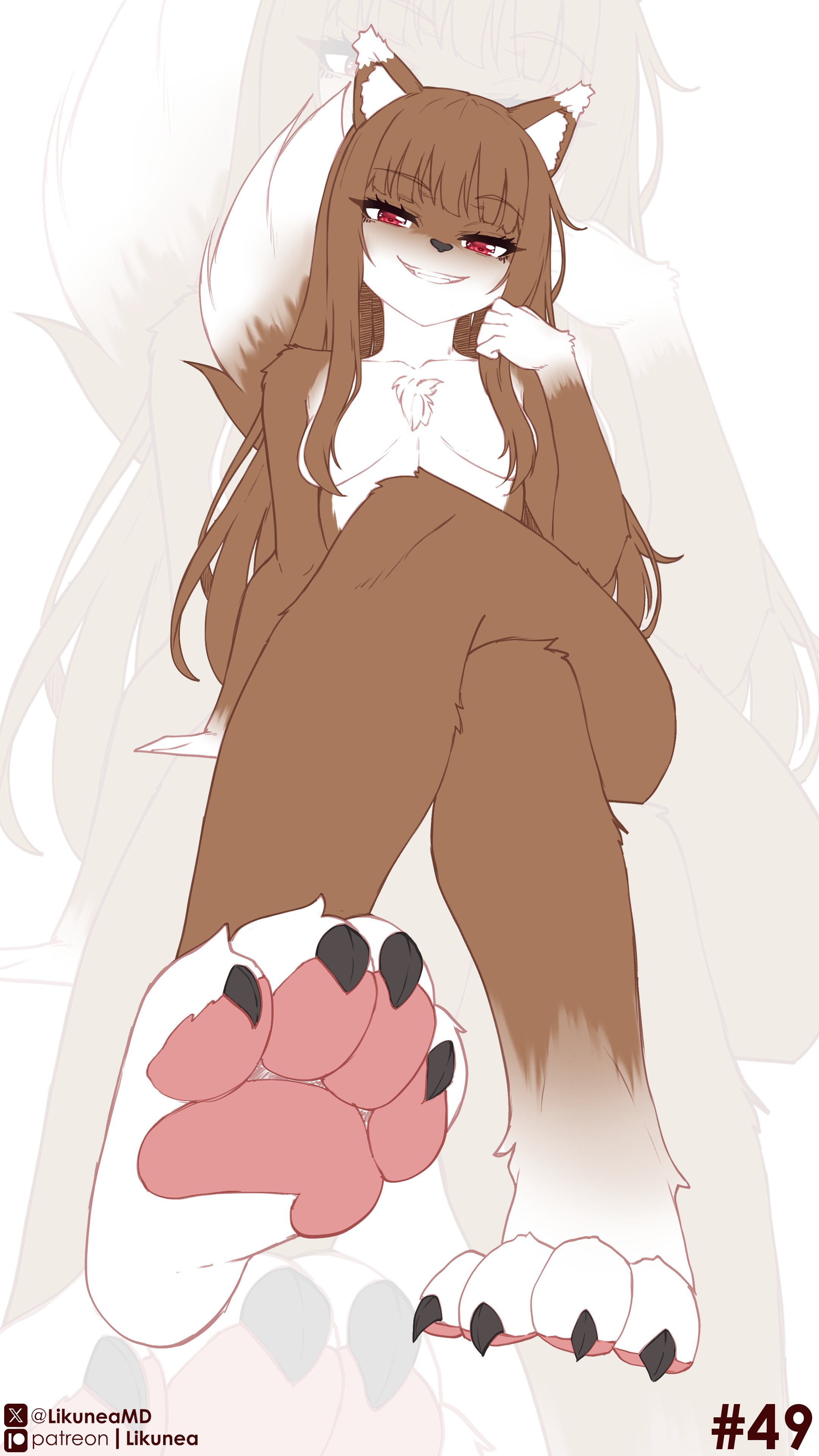 1girls, animal ears, animal nose, animal tail, breasts, brown fur, fangs, feet, feet focus, female, female only, fluffy, fluffy tail, furrification, furry, furry female, furry only, hair covering breasts, hime cut, holo, likunea, long hair, long-haired female, medium breasts, naked, naked female, nude, nude female, paw focus, paws, red eyes, red-eyed female, sitting, smiling, smiling at viewer, snout, sole female, spice and wolf, tagme, tail, wolf ears, wolf girl, wolf tail