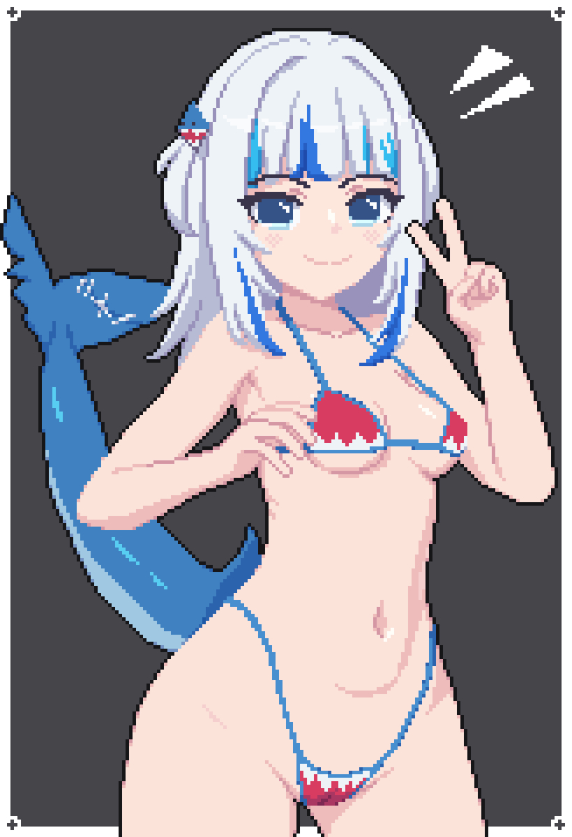 ass, big ass, big breasts, big butt, big thighs, big titties, bikini, blue eyes, breasts, curvaceous, curvaceous female, curvaceous figure, curvy, curvy figure, curvy hips, female, female focus, female only, gawr gura, hololive, hololive english, hololive myth, looking at viewer, pixel art, seiko093, shark, shark girl, shark tail, short hair, virtual youtuber, vtuber, white hair