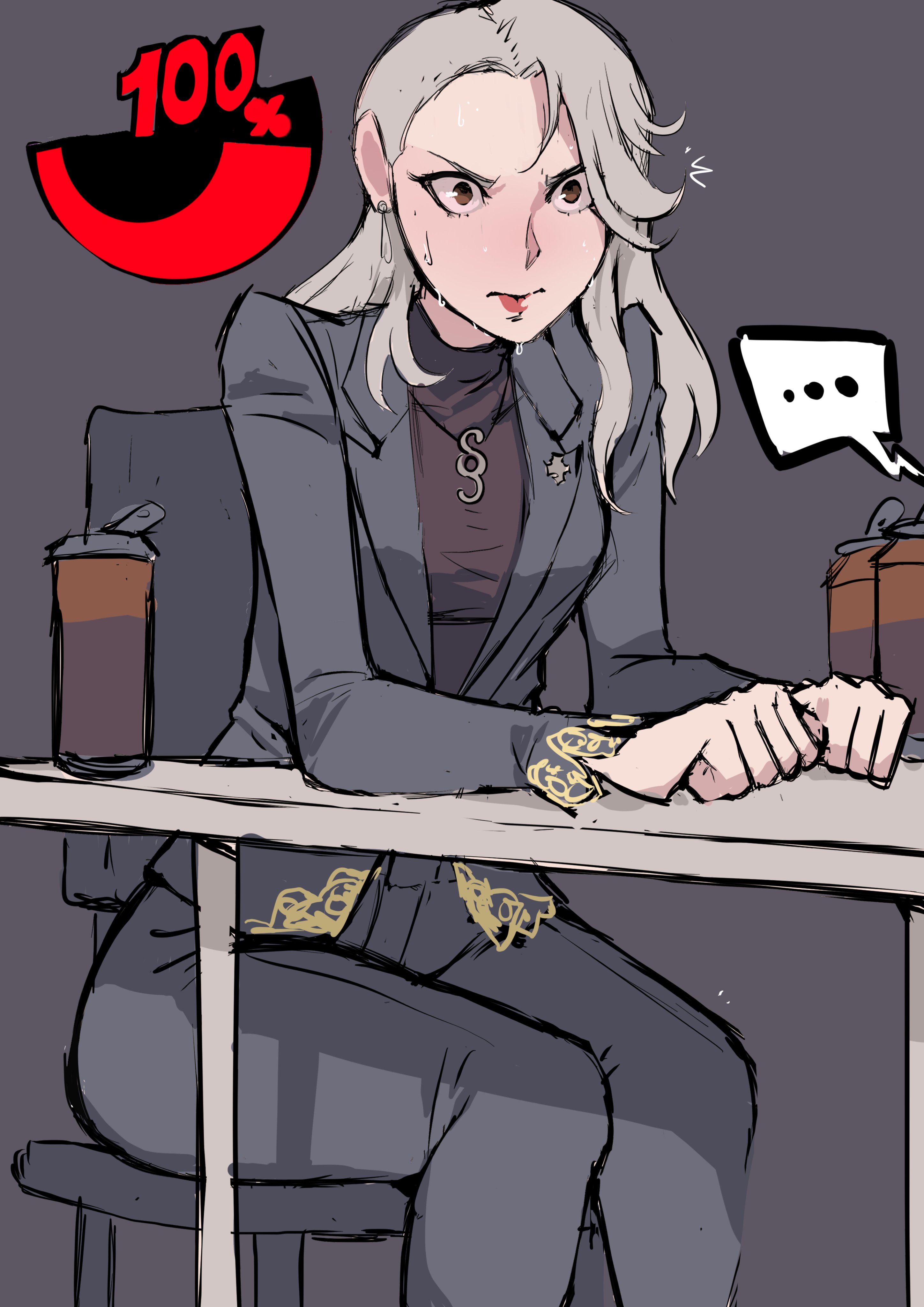 ..., 1girls, about to pee, ass, biku, blush, breasts, brown hair, business woman, earrings, female, have to pee, long hair, necklace, pants, persona, persona 5, persona 5 royal, sae niijima, silver hair, sitting, sitting on chair, sweat, urine meter, wide eyed
