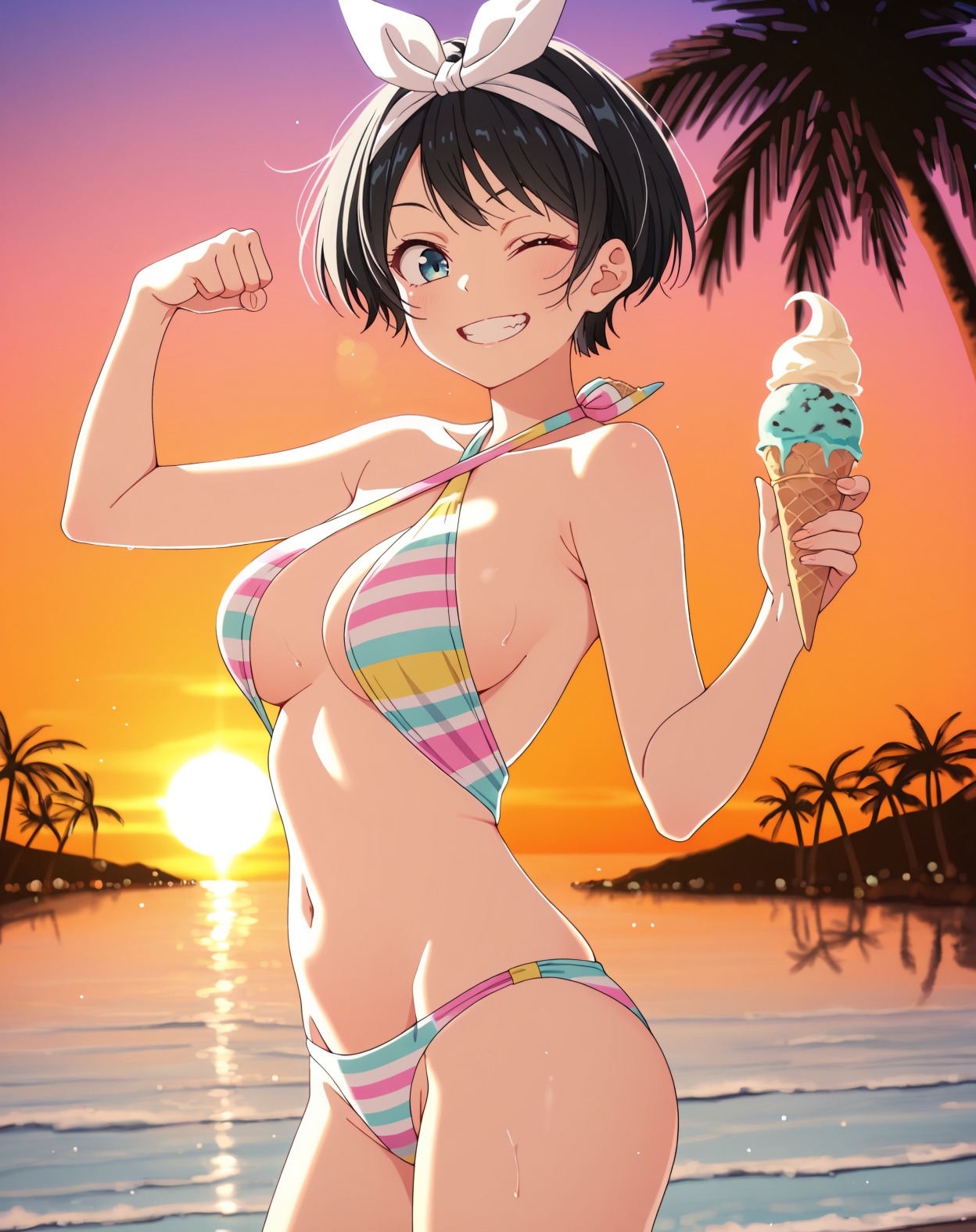 1girls, 2d, 9tailed kitsune, ai generated, beach, bikini, black hair, blue eyes, breasts, criss-cross halter, female, flexing, hairbow, halter bikini, halterneck, happy, holding ice cream, holding object, human, ice cream, kanojo okarishimasu, looking at viewer, medium breasts, navel, ocean, palm tree, pose, round breasts, sarashina ruka, short hair, sideboob, skindentation, skinny, sling bikini, slingshot swimsuit, smile, smiling, smiling at viewer, solo, striped bikini, striped panties, striped swimsuit, sunset, sweat, sweatdrop, sweating, sweaty, swimsuit, thin female, thin waist, underboob, white bow, wink, winking at viewer