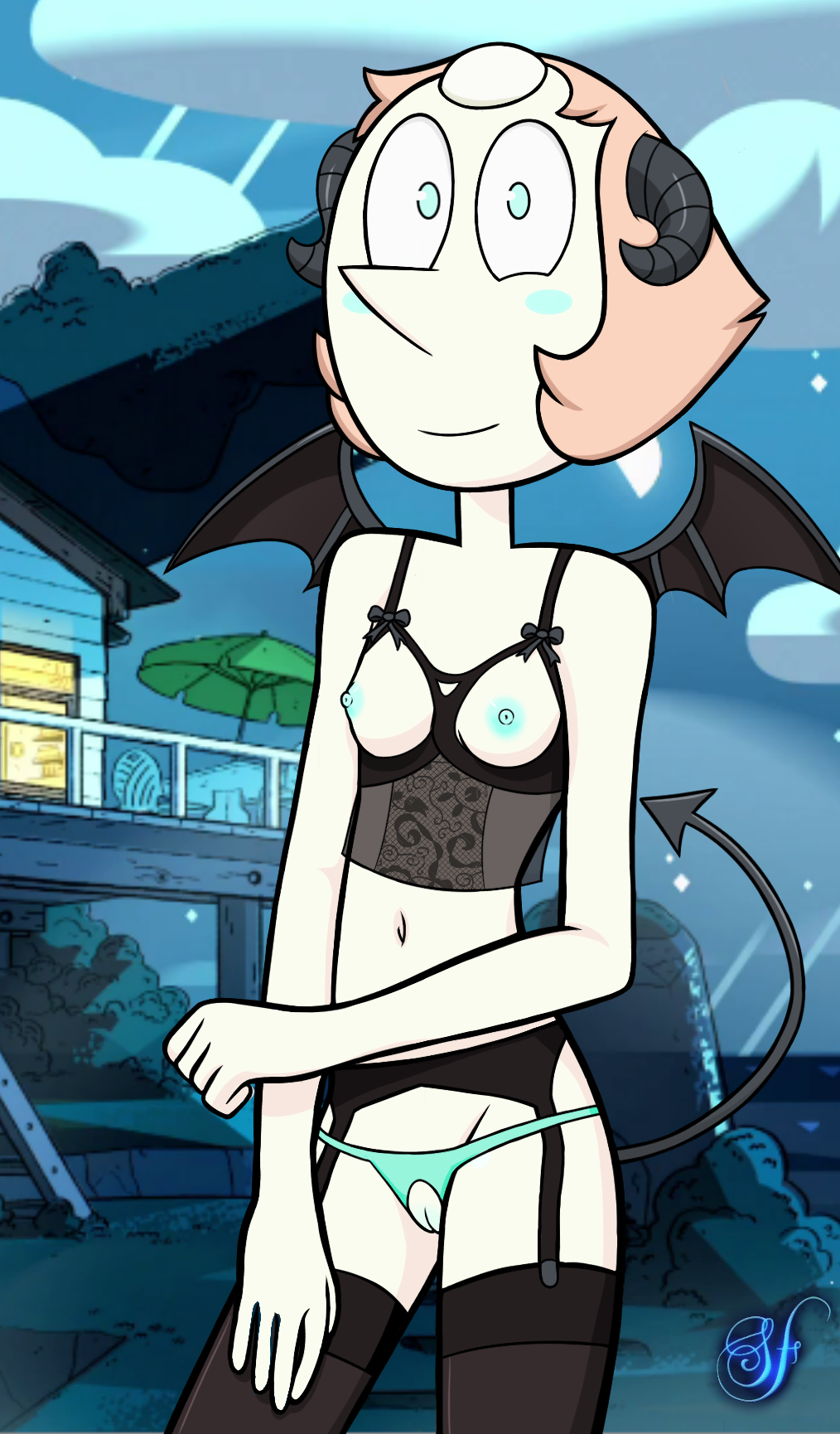 1girls beach blue_eyes blue_nipples blue_panties cameltoe cartoon_network clothed demon_girl female female_only gem_(species) horns lingerie looking_at_viewer night pearl_(steven_universe) ripped_panties small_breasts smile solo steven_universe tail white_skin wings