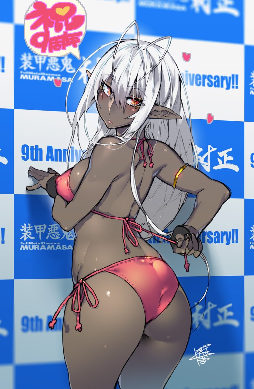 antennae armwear artist_name artist_signature ass back back_turned back_view bikini breasts dark-skinned_female dark_elf dark_skin elf fingerless_gloves looking_at_viewer looking_back namaniku_atk red_bikini sansei_muramasa soukou_akki_muramasa white_hair