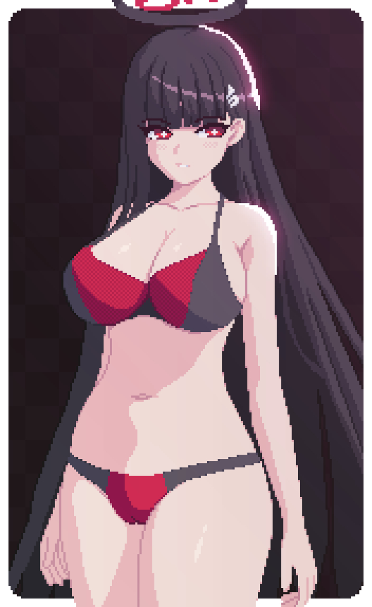 ass, big ass, big breasts, big butt, big thighs, big titties, bikini, black hair, blue archive, breasts, curvaceous, curvaceous female, curvaceous figure, curvy, curvy figure, curvy hips, female, female focus, female only, long hair, pixel art, rio (blue archive), seiko093