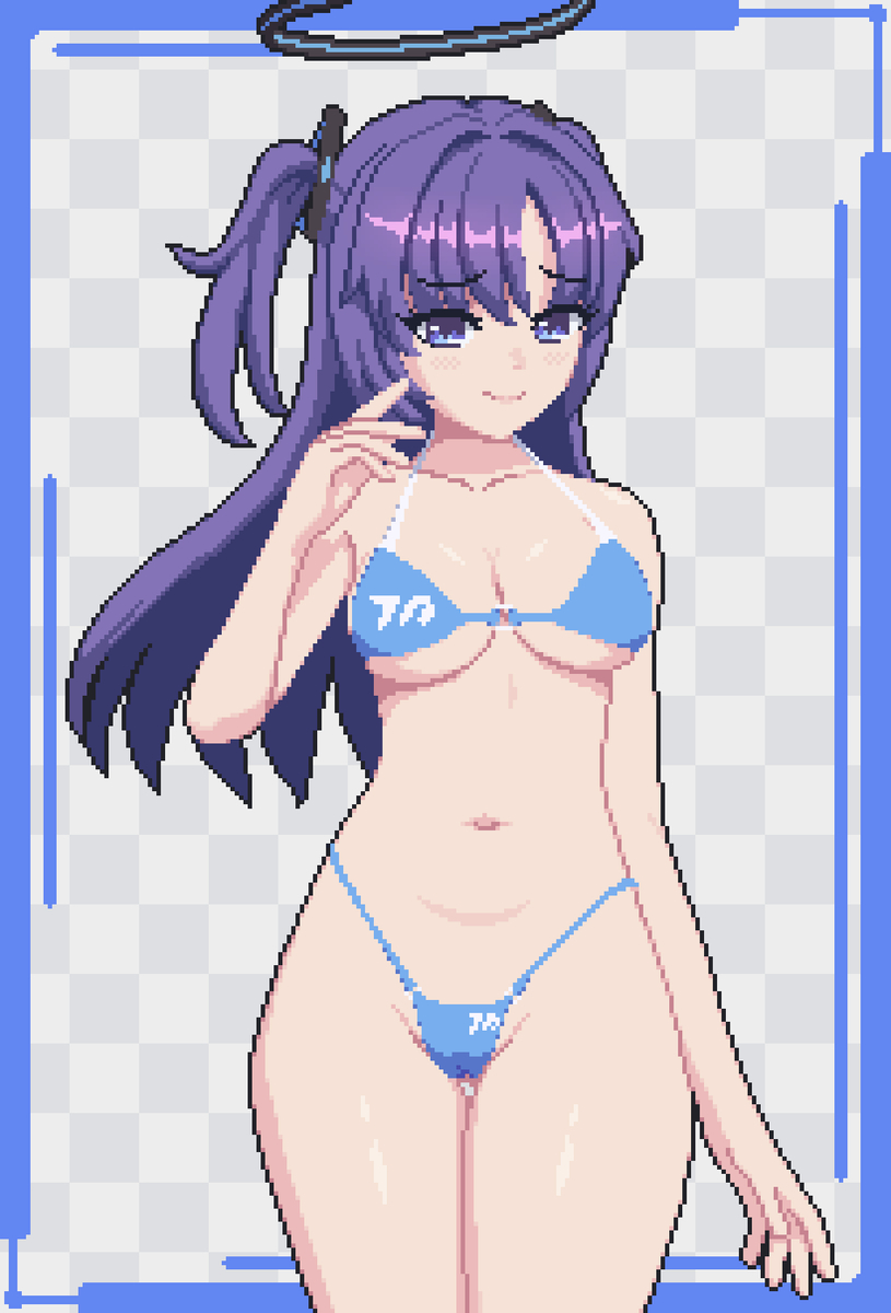 ass, big ass, big breasts, big butt, big thighs, big titties, bikini, blue archive, breasts, curvaceous, curvaceous female, curvaceous figure, curvy, curvy figure, curvy hips, female, female focus, female only, long hair, pixel art, purple hair, seiko093, yuuka (blue archive)