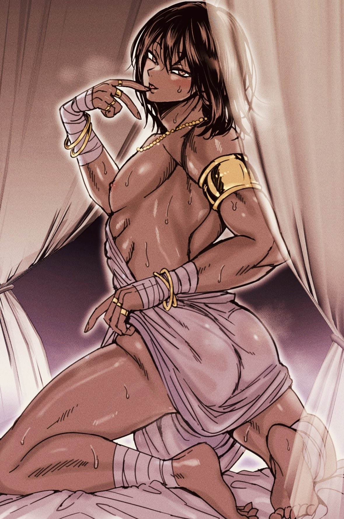 ambush (trap), armlet, ass, bandages, big ass, black hair, blush, bracelets, femboy, futsukayoi, gold (metal), gold jewelry, jewelry, kengan (series), kengan ashura, kneeling, long-haired male, looking at viewer, looking back, lots of jewelry, male, male only, medium hair, muscular, muscular femboy, muscular male, necklace, rama xiii, robe, royalty, sweat, tan skin, tan-skinned male, toga, twunk