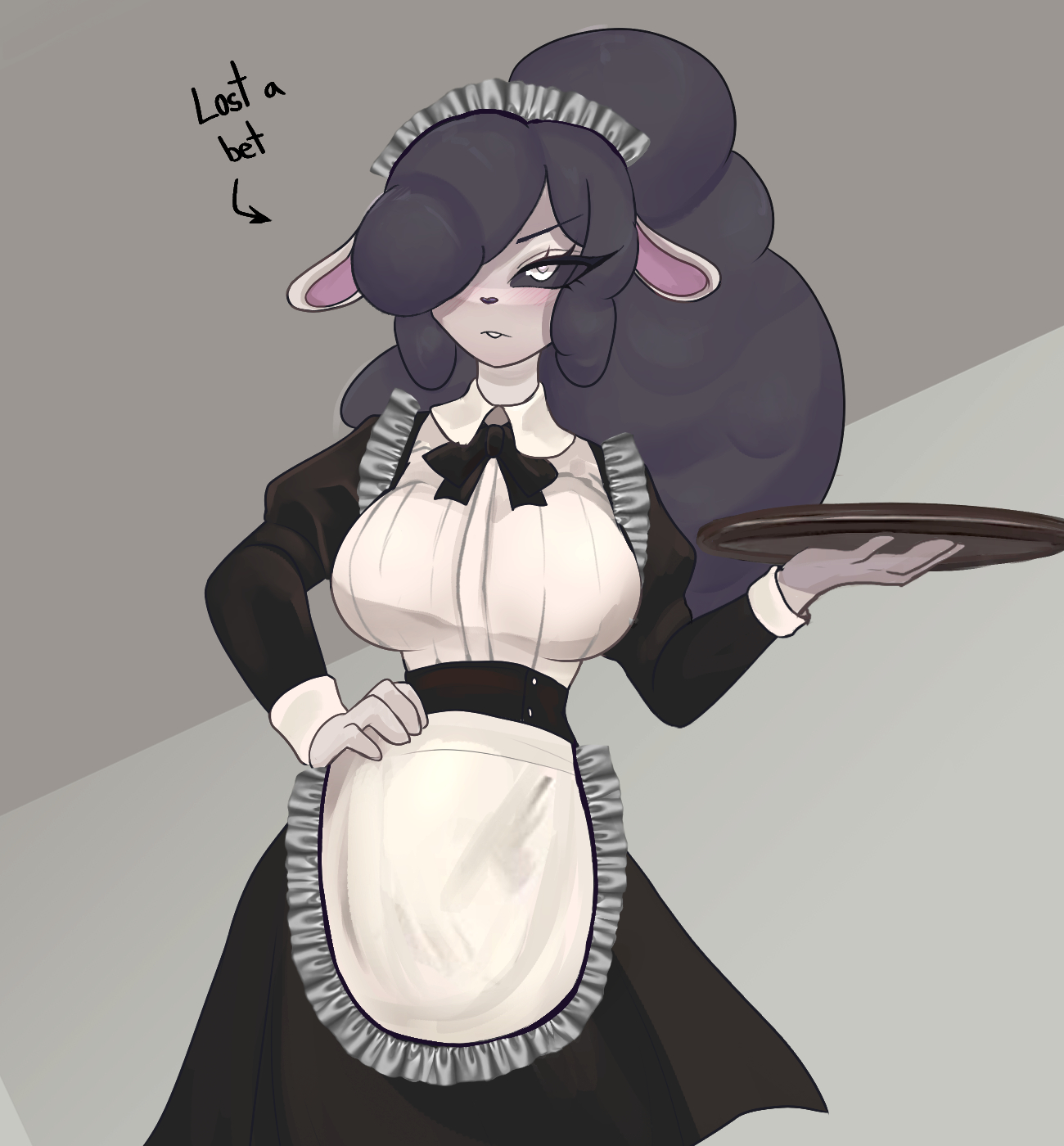 1female, 1girl, 1girls, 2025, 2025s, 2d, 2d (artwork), 2d artwork, anthro, anthro female, anthrofied, artist name, baba chops, baba chops (poppy playtime), big breasts, black body, black eyes, black fur, black hair, black sclera, black sheep, black wool, blush, bovid, bovid humanoid, bovine, bovine ears, bovine girl, bovine humanoid, bovine tail, breasts, caprine, caprine ears, caprine humanoid, clothed, clothing, critters (poppy playtime), dialogue, digital art, digital drawing, digital drawing (artwork), digital media, digital media (artwork), digital painting, digital painting (artwork), ears down, english, english text, eyelashes, female, female anthro, female focus, female only, fur, furry, furry female, hair, hair over one eye, hand on hip, hat, headgear, headwear, hi res, holding tray, huge breasts, ki kidrew, large breasts, long black hair, long hair, maid, maid outfit, mammal, mascot horror, mob entertainment, mob games, nightmare critters, no humans, one eye obstructed, pink inner ear, poppy playtime, poppy playtime (chapter 4), pupils, sheep, sheep ears, sheep girl, sheep humanoid, sheepgirl, sheeps, simple background, smiling critters, solo, solo female, solo focus, tagme, teeth, text, thick thighs, thighs, tray, video games, white ears, white eyes, white face, white pupils, white skin, wide hips, wool, wool (fur), wool hair