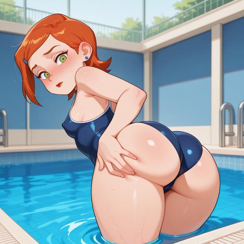 1girls, 2d, ai generated, ben 10, cartoon, cartoony, female, female only, gwen tennyson, needmymommy, solo, swimming pool, swimsuit, western art