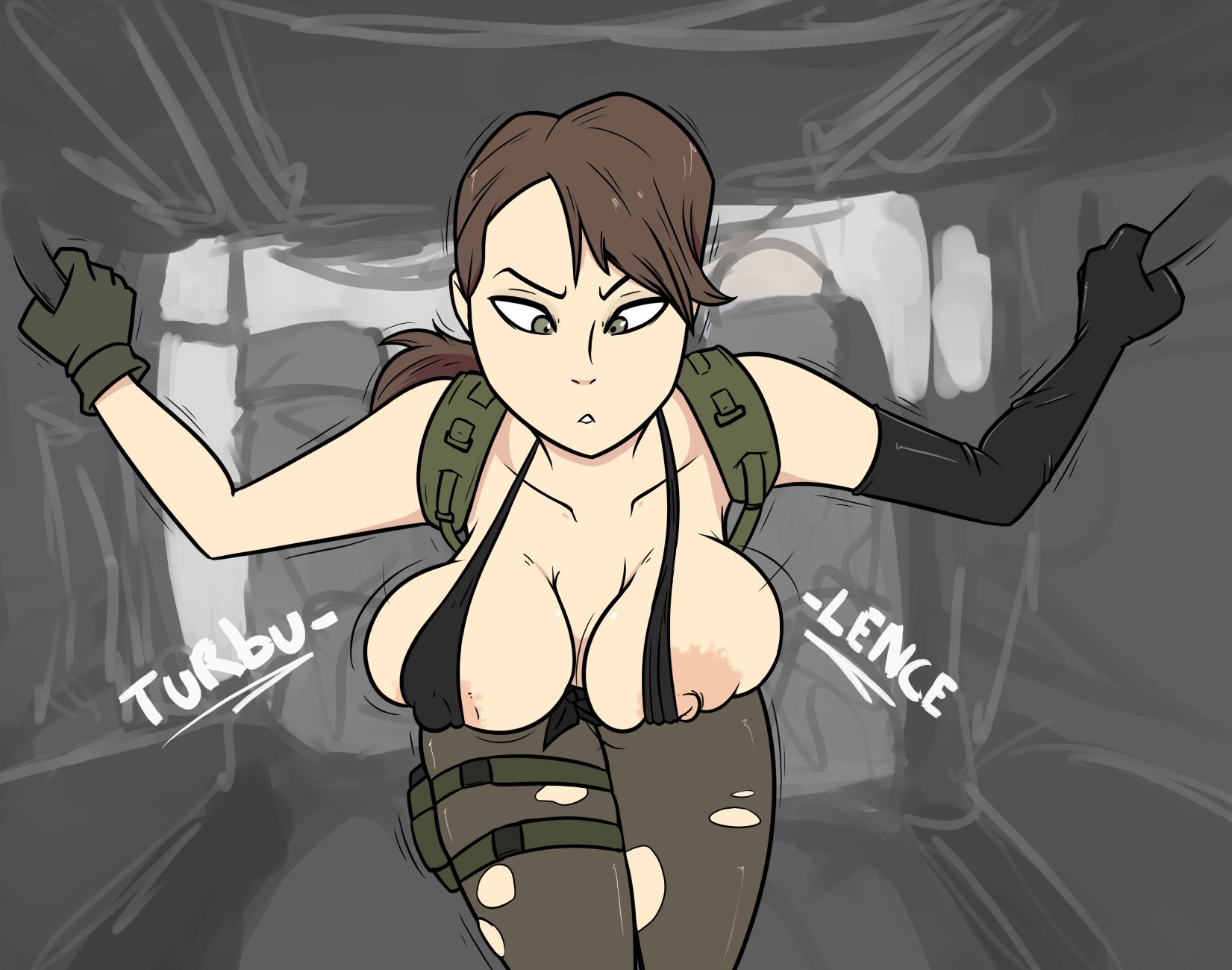 1girls, accidental exposure, big breasts, breasts, brown hair, female, female only, inconvenient breasts, konami, metal gear solid, nipple slip, nipples, quiet (metal gear), solo, terrible the drawfag, wardrobe malfunction