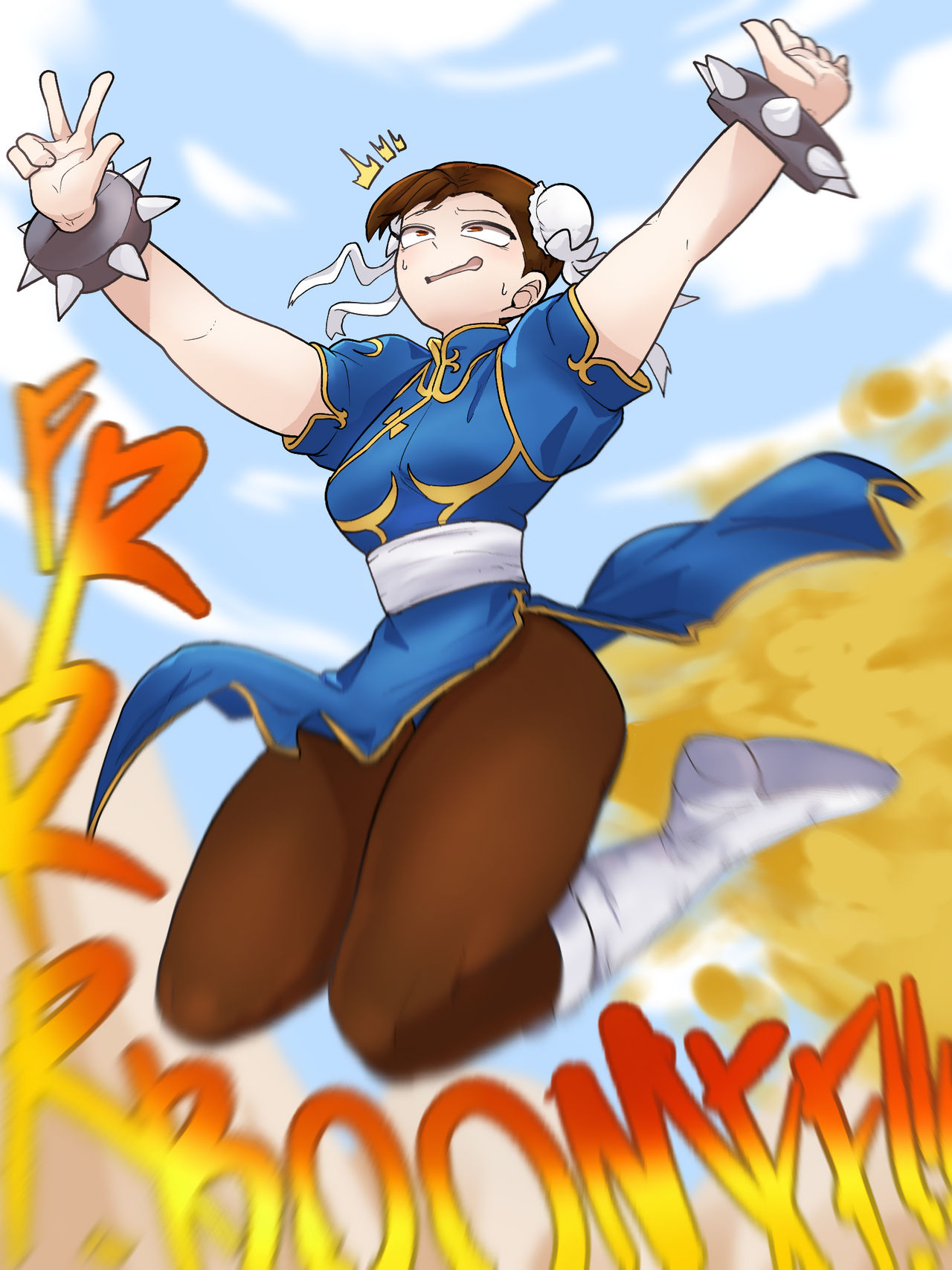 brown hair, capcom, chun-li, embarrassed, embarrassed female, fart, fart cloud, fart fetish, farting, female, gasbox, jumping, street fighter, sweat