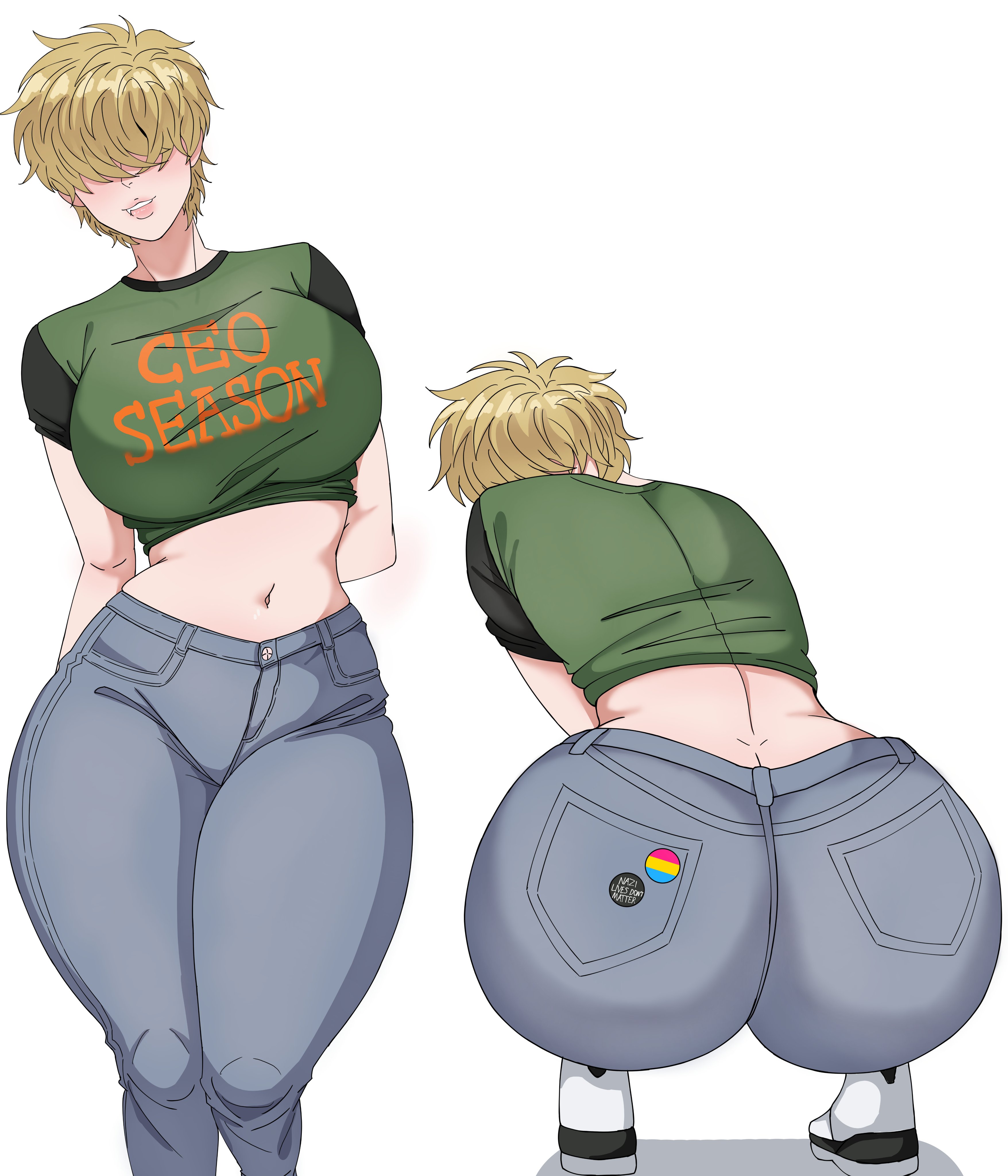 1girls, ass, big ass, demon dog, female, hair over eyes, huge ass, original character, pansexual, pansexual flag, pansexual pride colors, short hair, tomboy