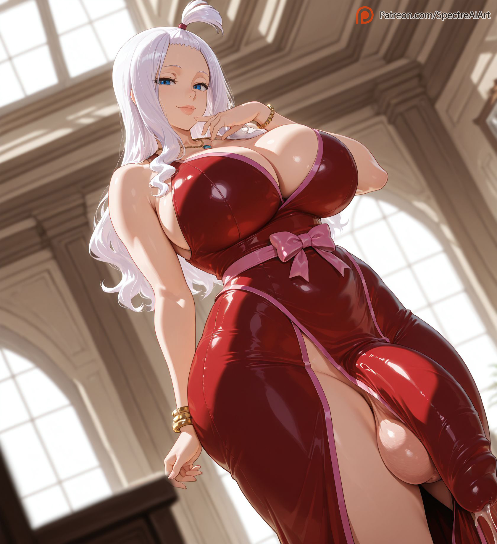 1futa, ai generated, armpits, ass, balls, big breasts, blue eyes, blush, bow, bracelet, breasts, curvy, curvy figure, dickgirl, dominatrix, dress, dripping precum, fairy tail, female, from below, futa only, futanari, high resolution, highres, huge balls, huge breasts, huge cock, huge testicles, imminent rape, indoors, intersex, looking at viewer, mirajane strauss, necklace, penis, pink bow, precum, red dress, sleeveless, sleeveless dress, smooth skin, solo, solo focus, solo futa, spectreai, testicles, thick, thick ass, thick legs, thick thighs, top knot, voluptuous, voluptuous futa, white hair