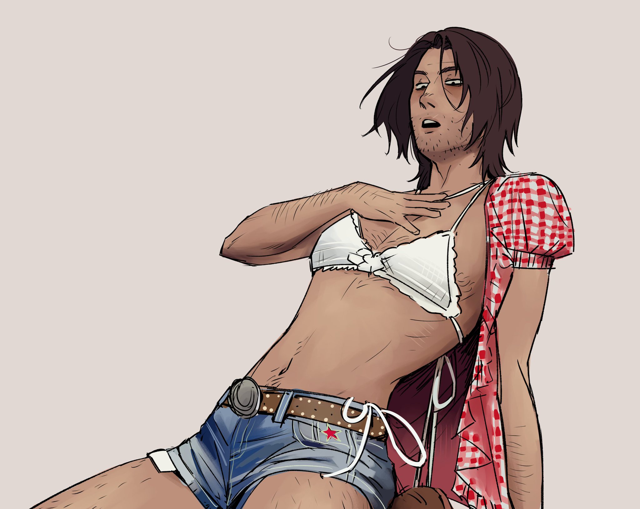 5 o'clock shadow, arched back, blouse, body hair, boots, brown hair, colored, crossdressing, eyebags, femboy, femboy dilf, hair blowing, hand on chest, happy trail, hi res, jimmy (mouthwashing), kneeling, kneeling oral position, legs spread, lip scar, looking down, lustful gaze, male, male only, mouth agape, mouthwashing, no background, no sex, no visible genitalia, on knees, open mouth, red blouse, skinny, skinny male, string bikini, stubble, suggestive, suggestive pose, tan skin, twink, waterbomb, white bra, whored out, zzoupz