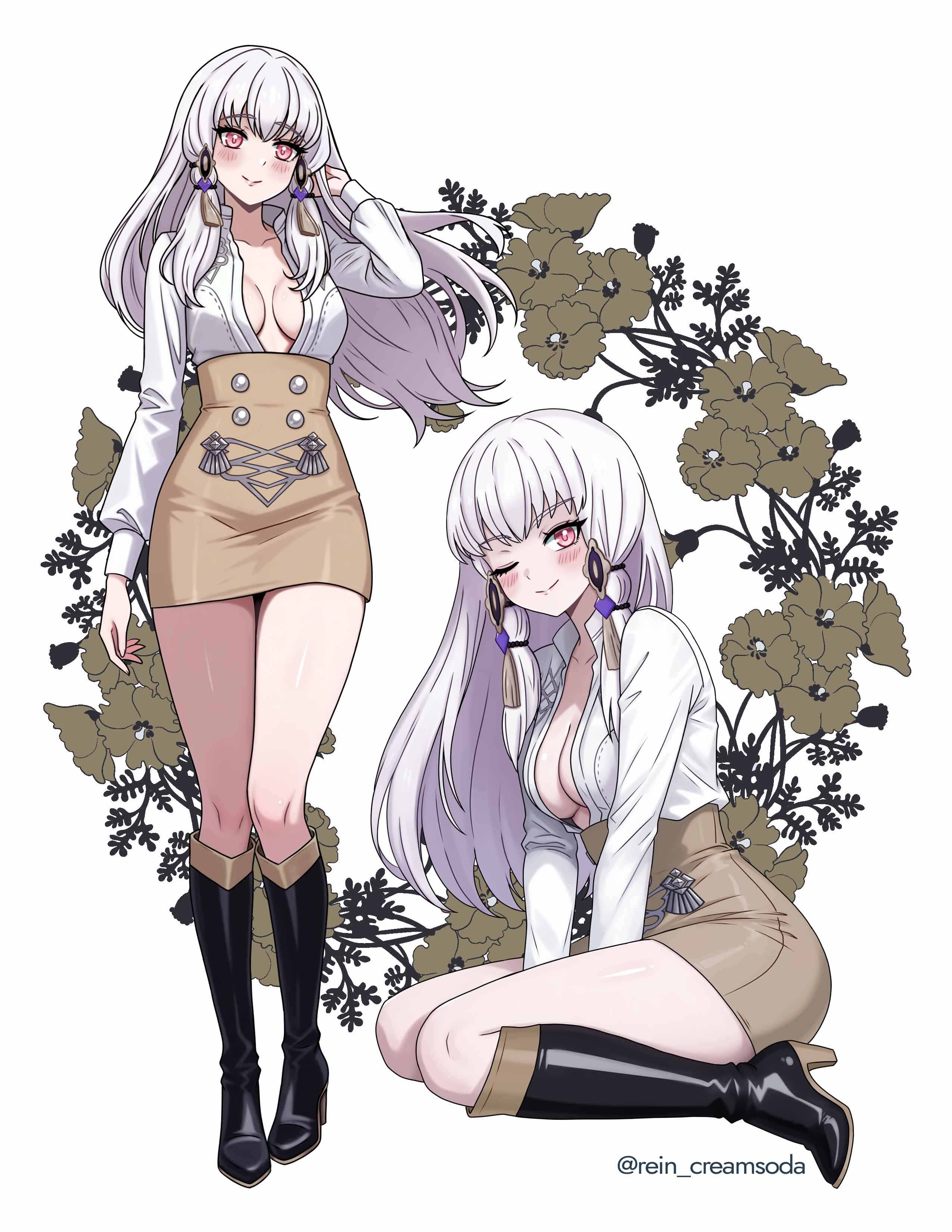 1girls, artist name, boots, breasts, busty, curvy, female, fire emblem, fire emblem: three houses, high heels, kneeling, light skin, light-skinned female, lysithea von ordelia, open shirt, pink eyes, rein creamsoda, short skirt, white hair