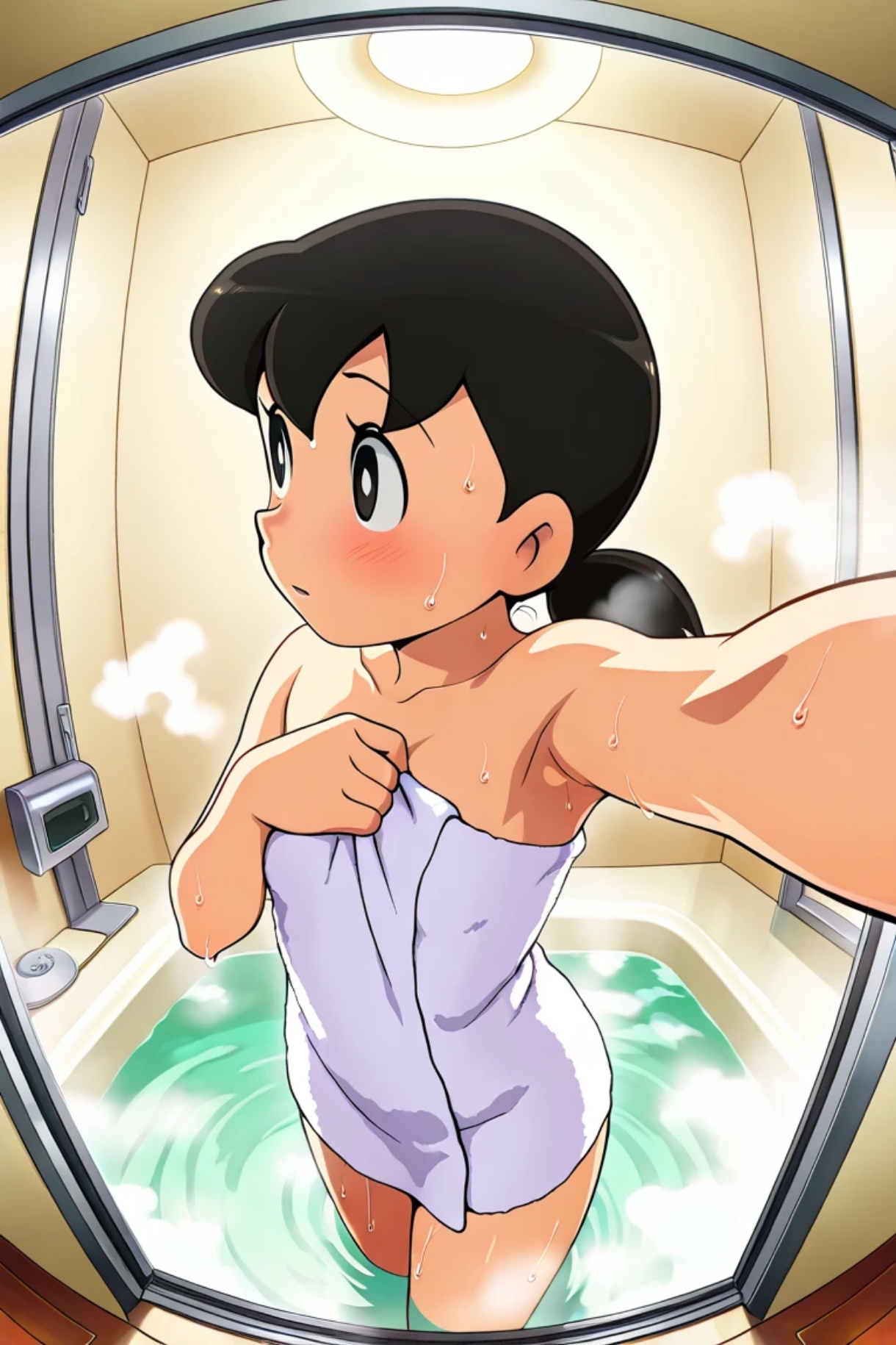1girls, ai generated, bathroom, black, black hair, doraemon, female, female only, gavver x, shizuka minamoto, shower
