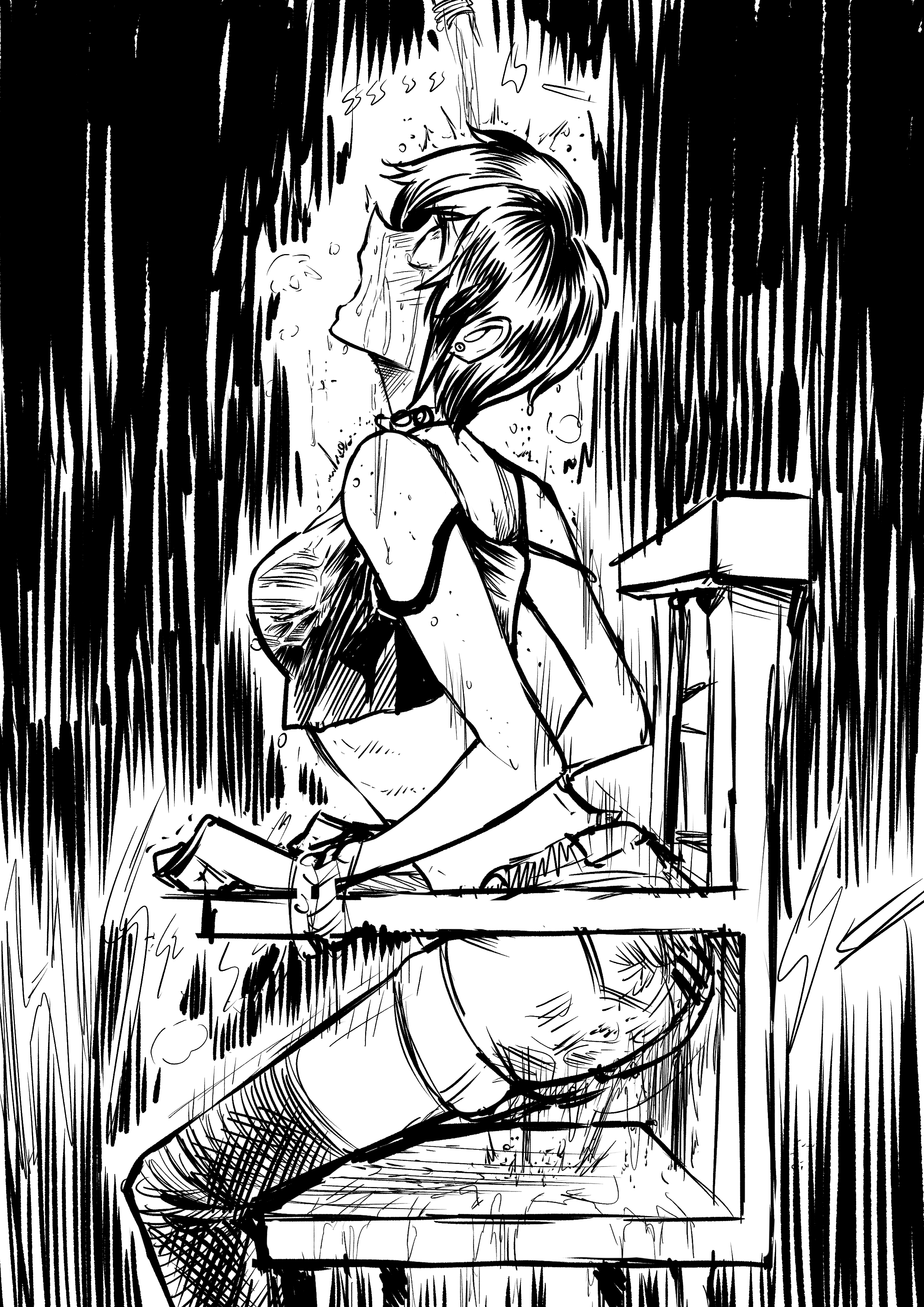 1girls, ass, biku, black hair, bondage, bra strap, breasts, chair, female, greyscale, omorashi, original, peeing, peeing self, short hair, shorts, strap slip, tears, thighhighs, wetting, wetting self, zoe (biku)